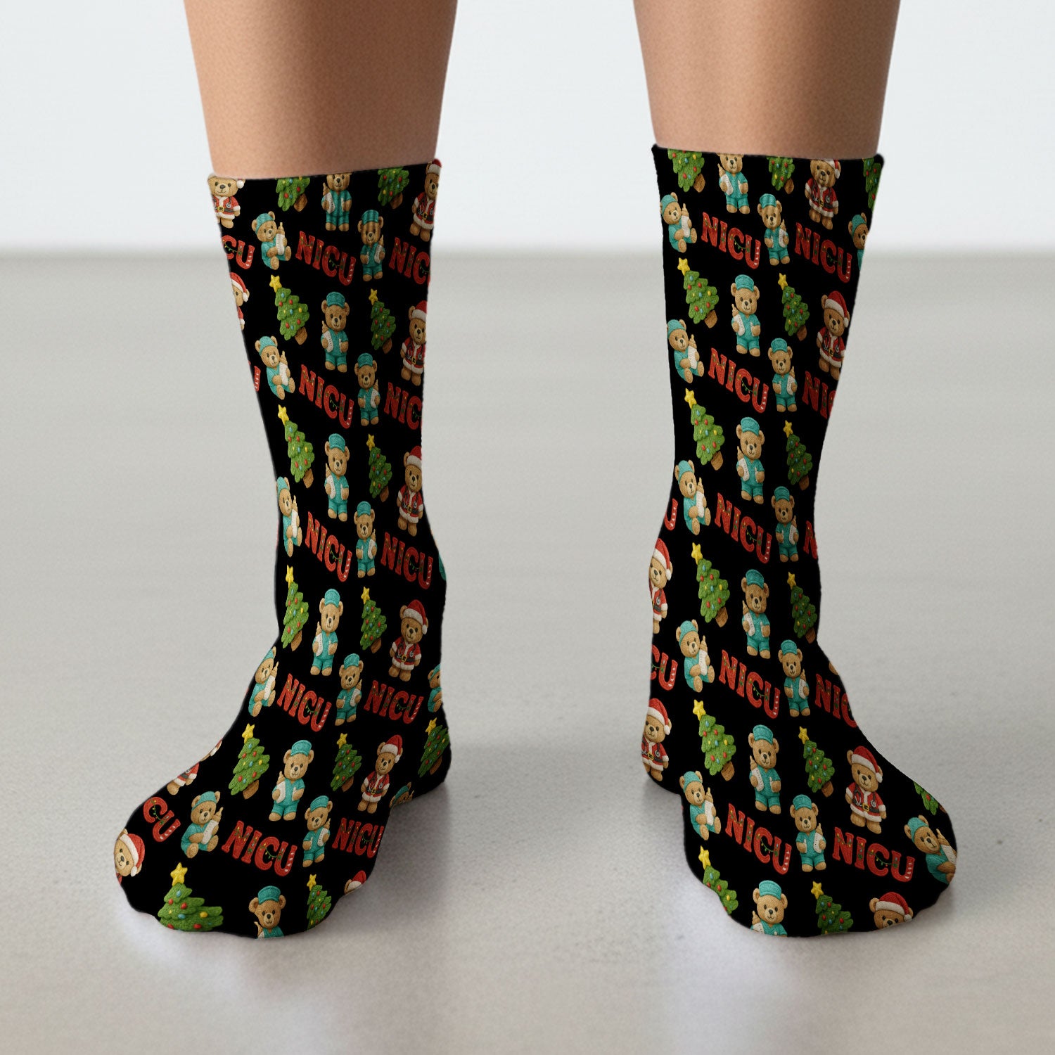 Festive Christmas NICU Nurse Teddy Bear Pattern Print Socks, Adult Socks for Men and Women