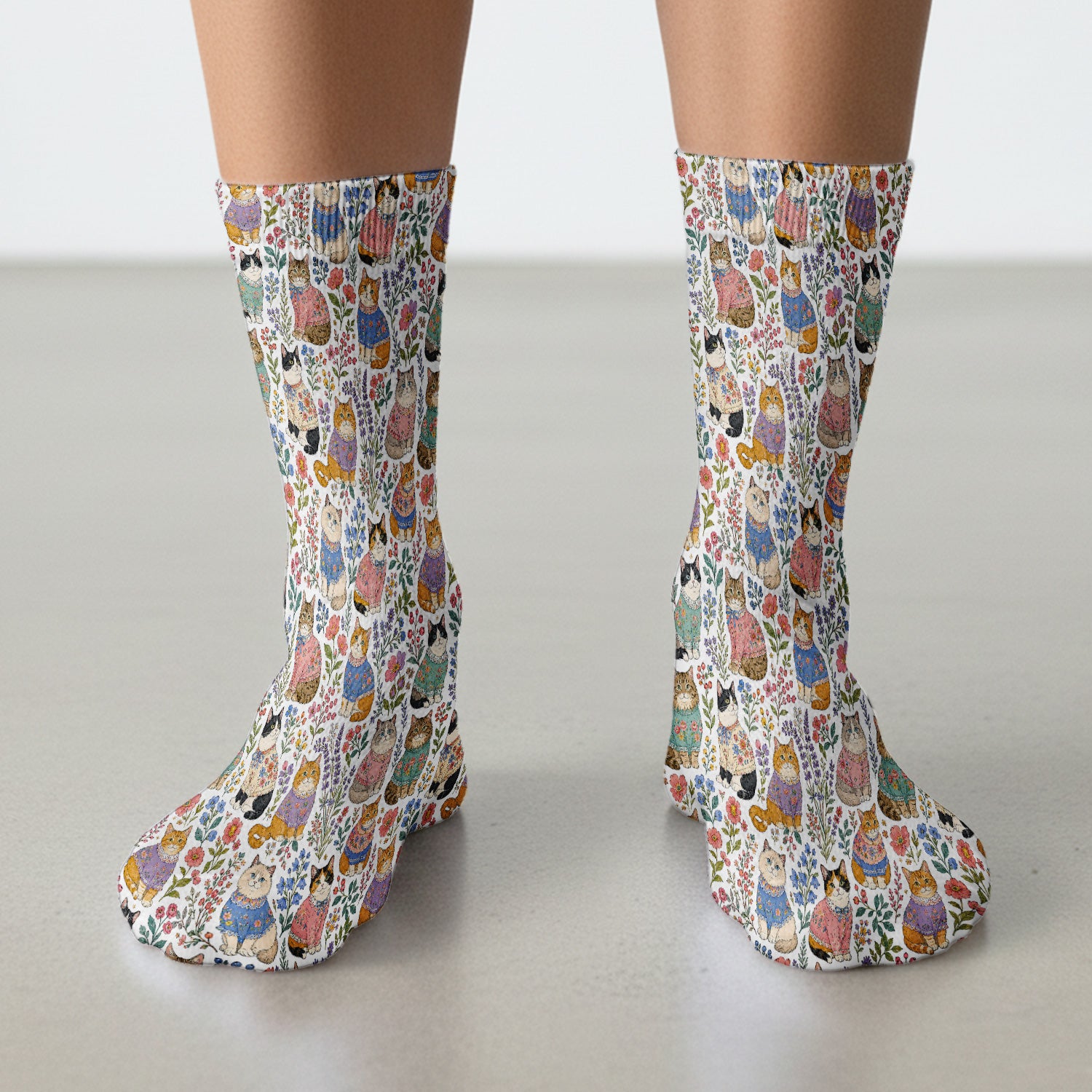 Cute Floral Cat Pattern Socks, Adult Socks for Men and Women