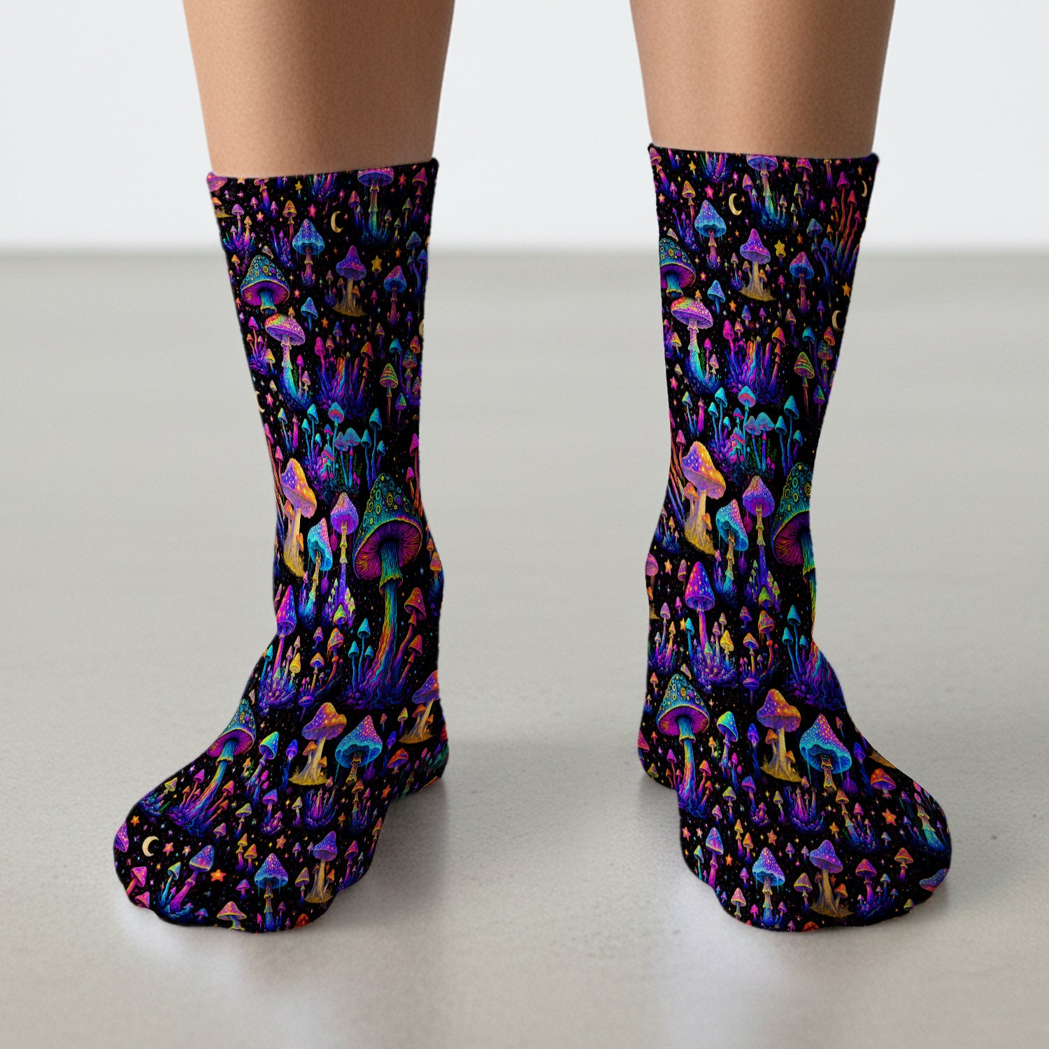 Neon Fantasy Mushroom Print Socks, Adult Socks for Men and Women
