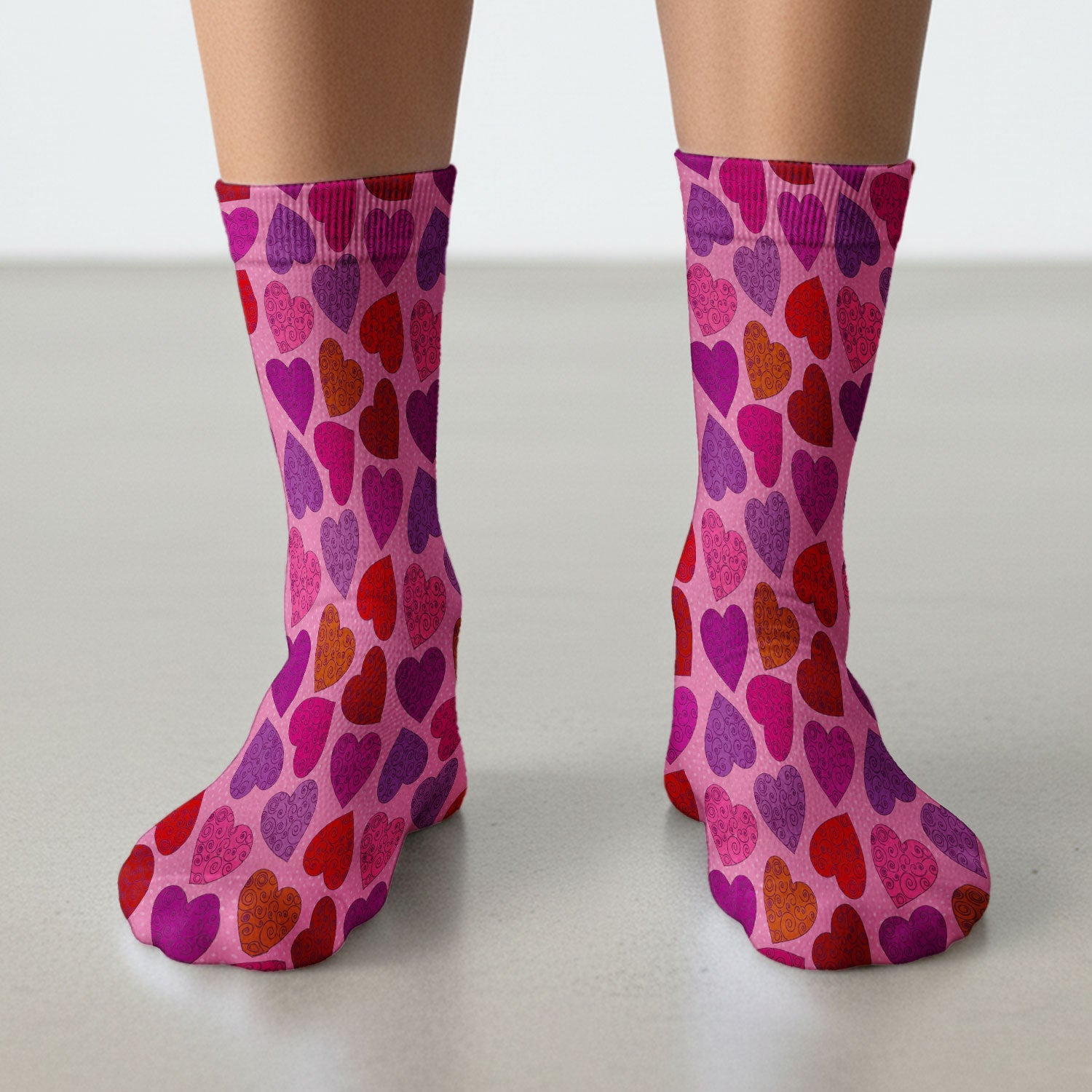 Women’s Pink Heart Scrub Socks, Valentine Heart Pattern Nurse Sock, Comfortable Scrubs For Nursing