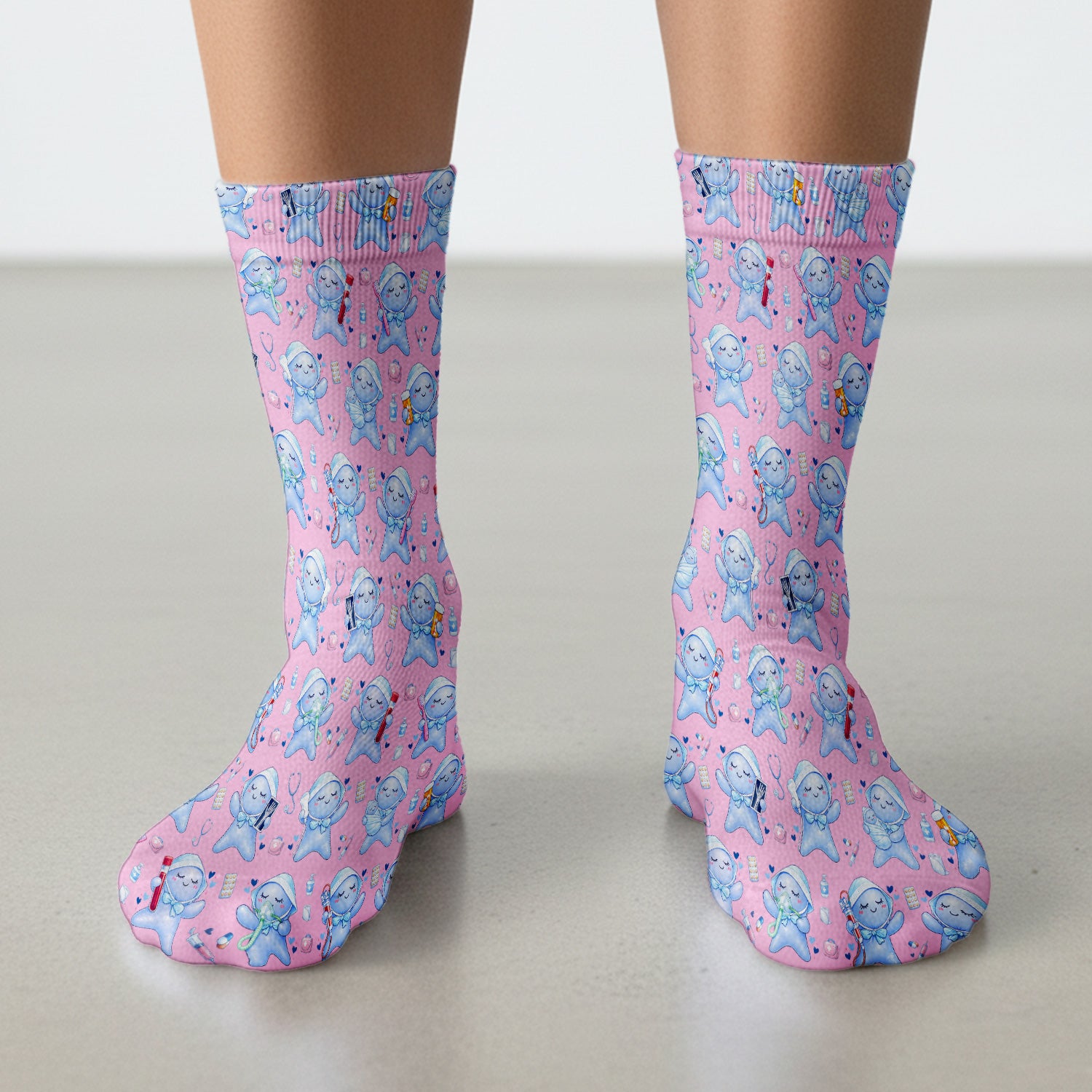 Cute Tooth Character Dental Tools Caring Pattern Socks, Breathable Fabrics Medical Uniform