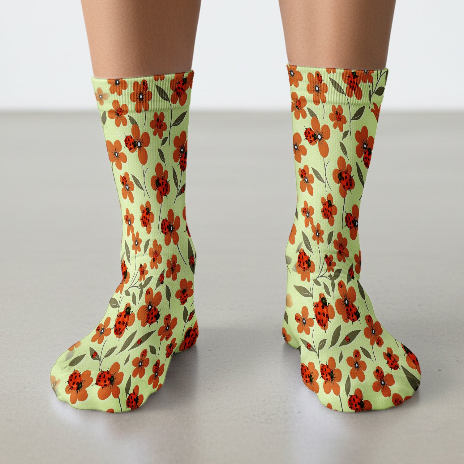Ladybug on Orange Floral Garden Pattern Socks, Breathable Fabrics Medical Uniform