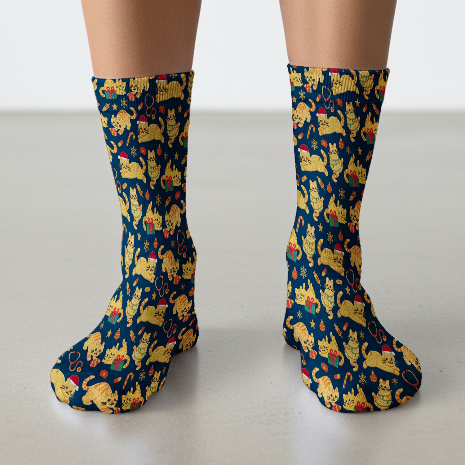 Christmas Cat Nurse Scrub Socks, Cute Holiday Kitty Medical Uniform For Nursing