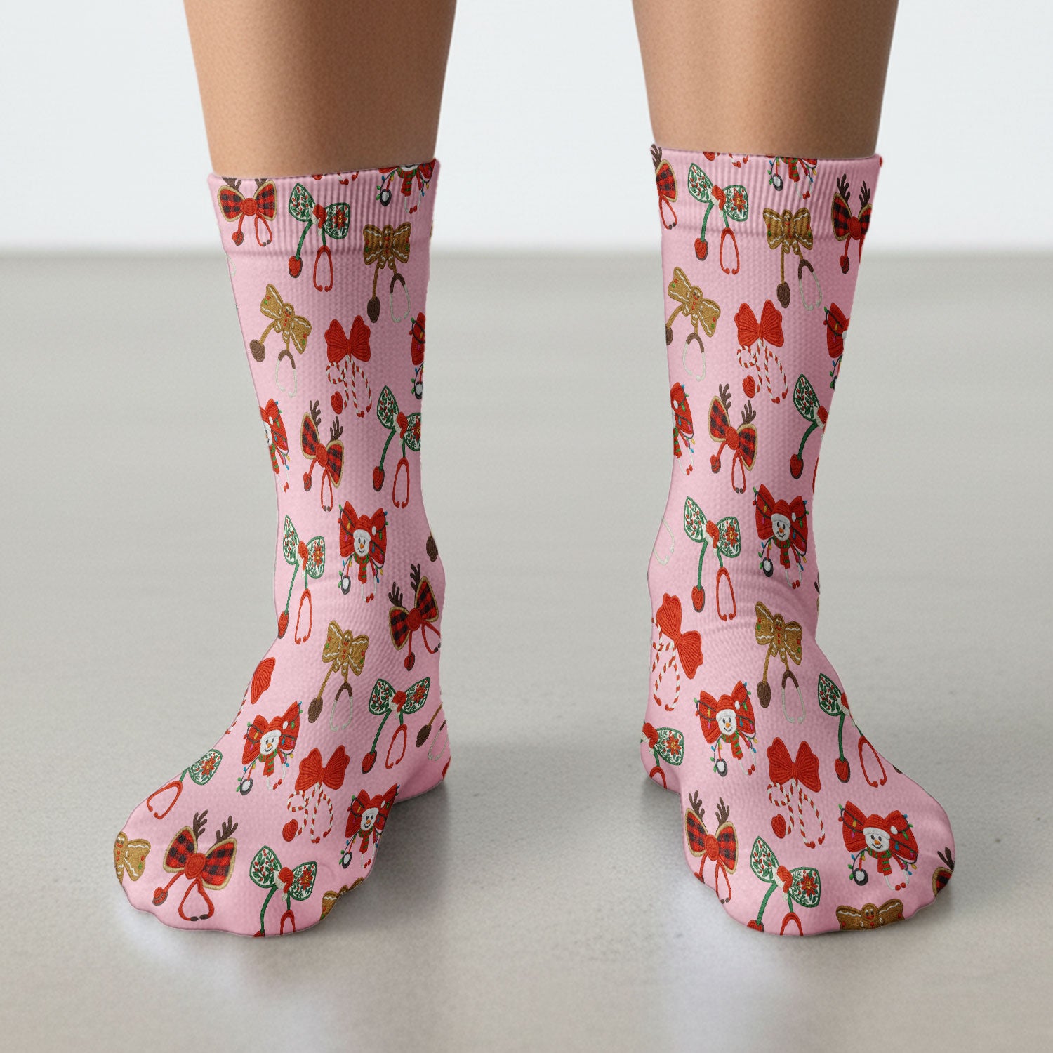 Christmas Stethoscope Bow Nurse Scrub Socks, Xmas Pattern Scrub Sock, Holiday Nursing Uniform