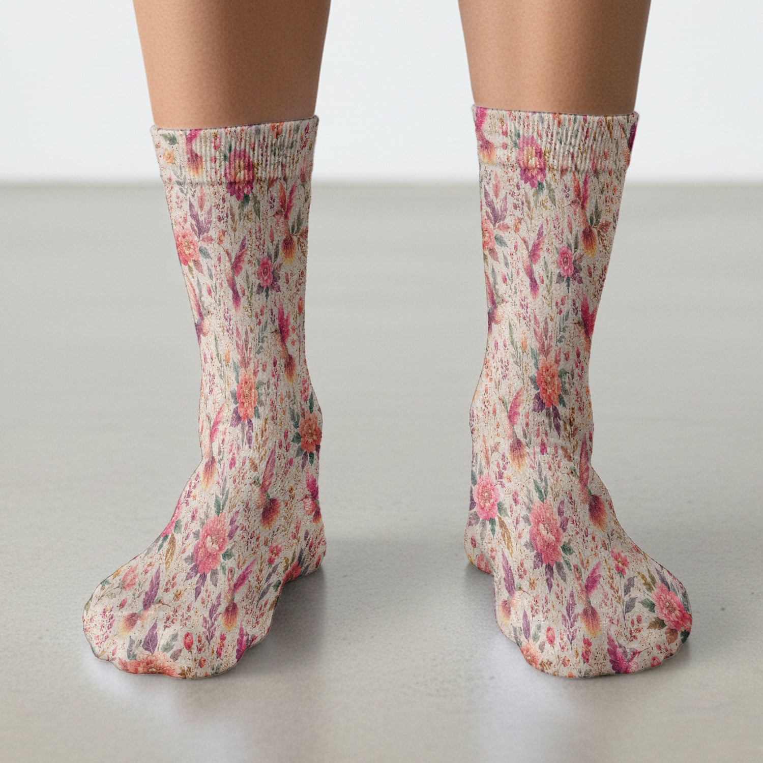 Hummingbird Floral Garden Pattern Socks, Adult Socks for Men and Women