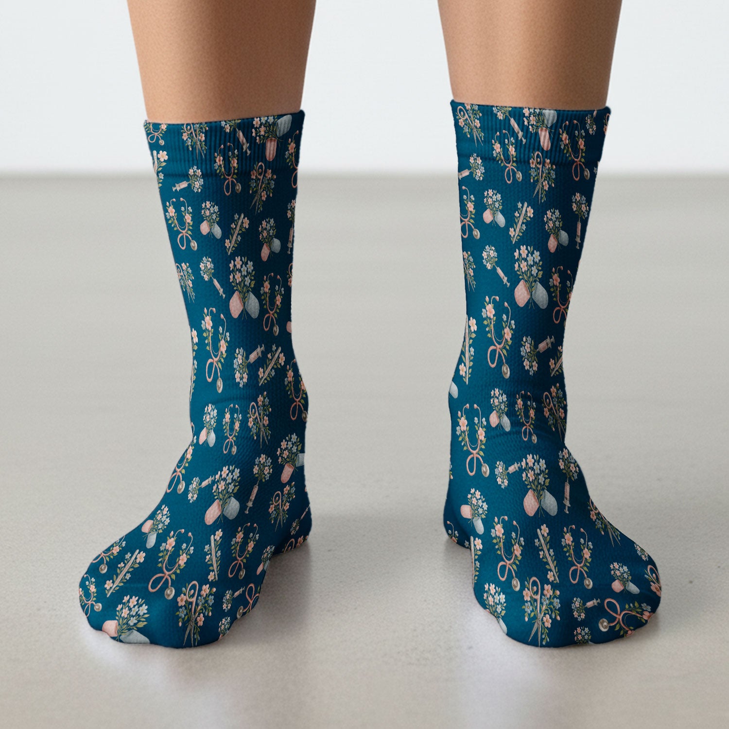 Floral Medical Scrub Socks, Elegant Stethoscope With Flower Nursing Sock, Breathable Fabrics Nurse Uniform