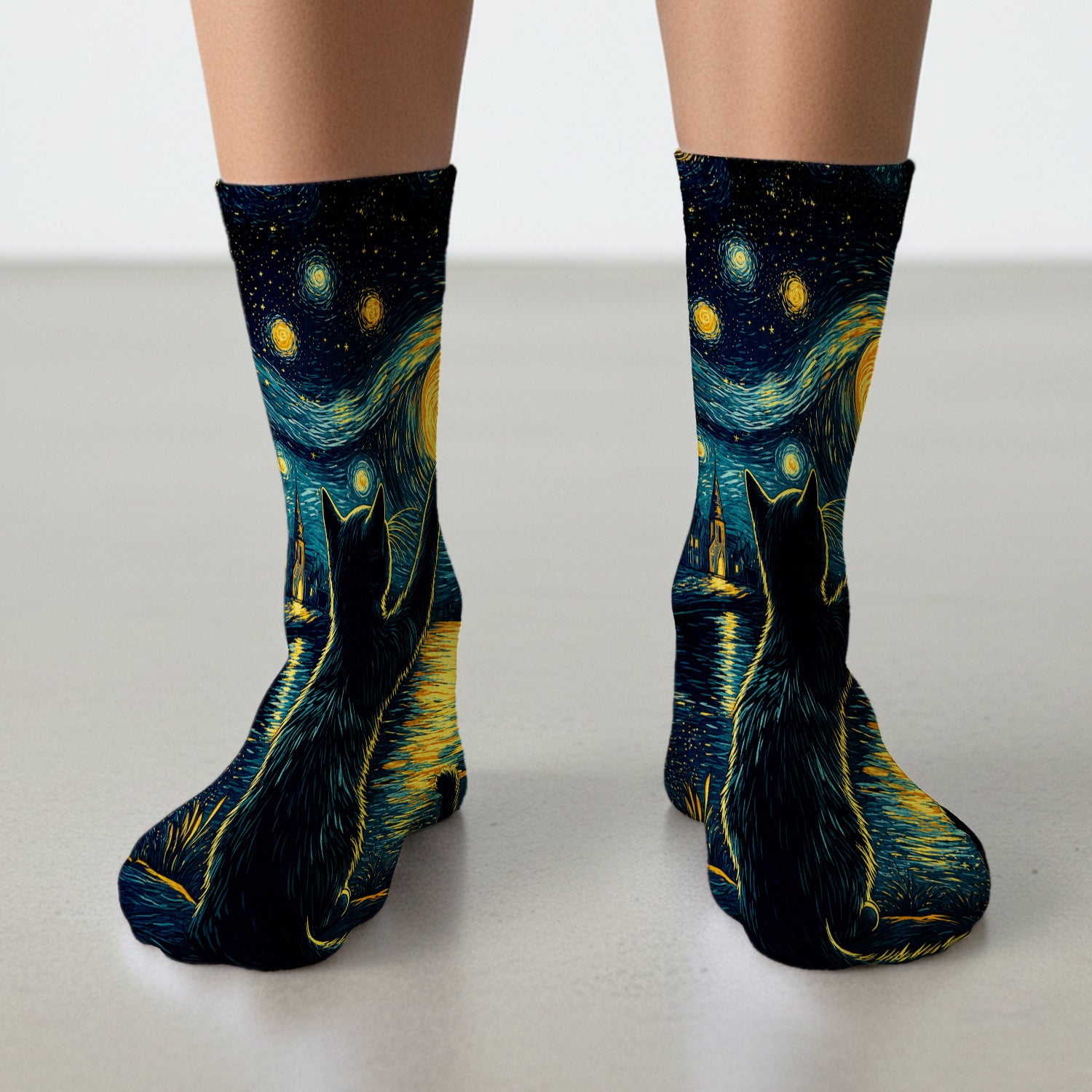 Starry Moonlit Black Cat Socks, Adult Socks for Men and Women
