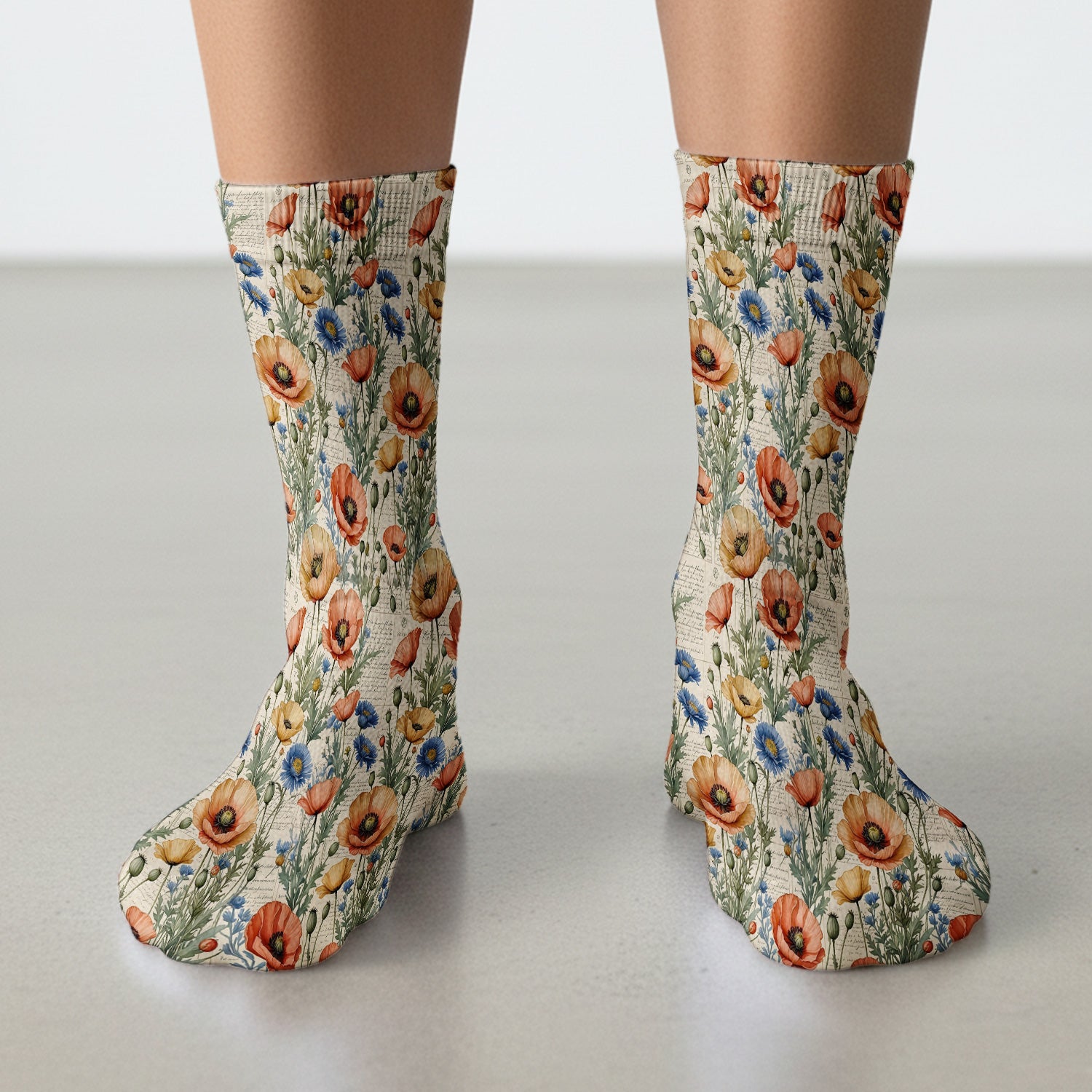 Vintage Poppy Wildflower Script Print Socks, Adult Socks for Men and Women