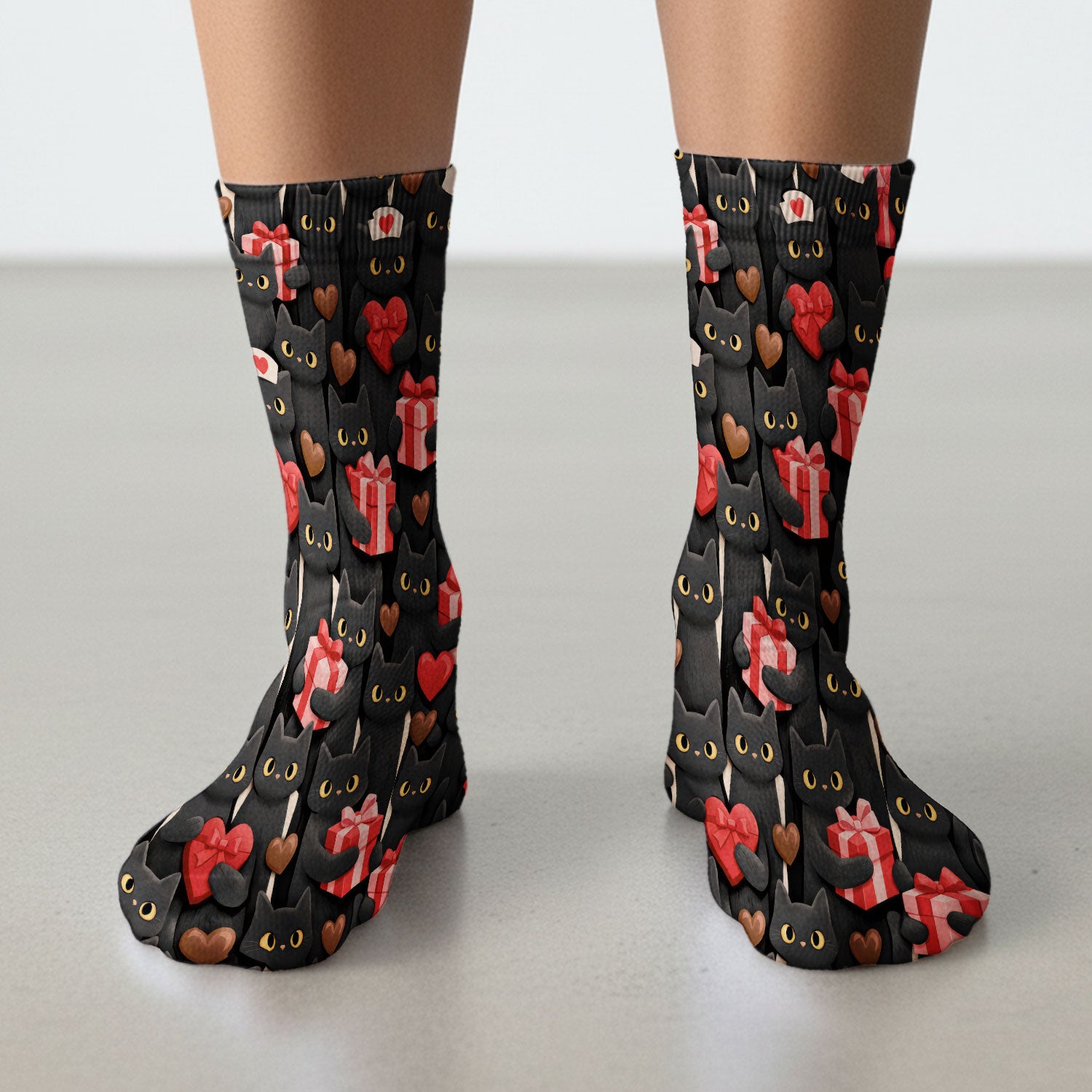 Black Cat Valentine Nurse Scrub Socks, Heart Pattern Medical Socks, Breathable Fabrics Nursing Uniform