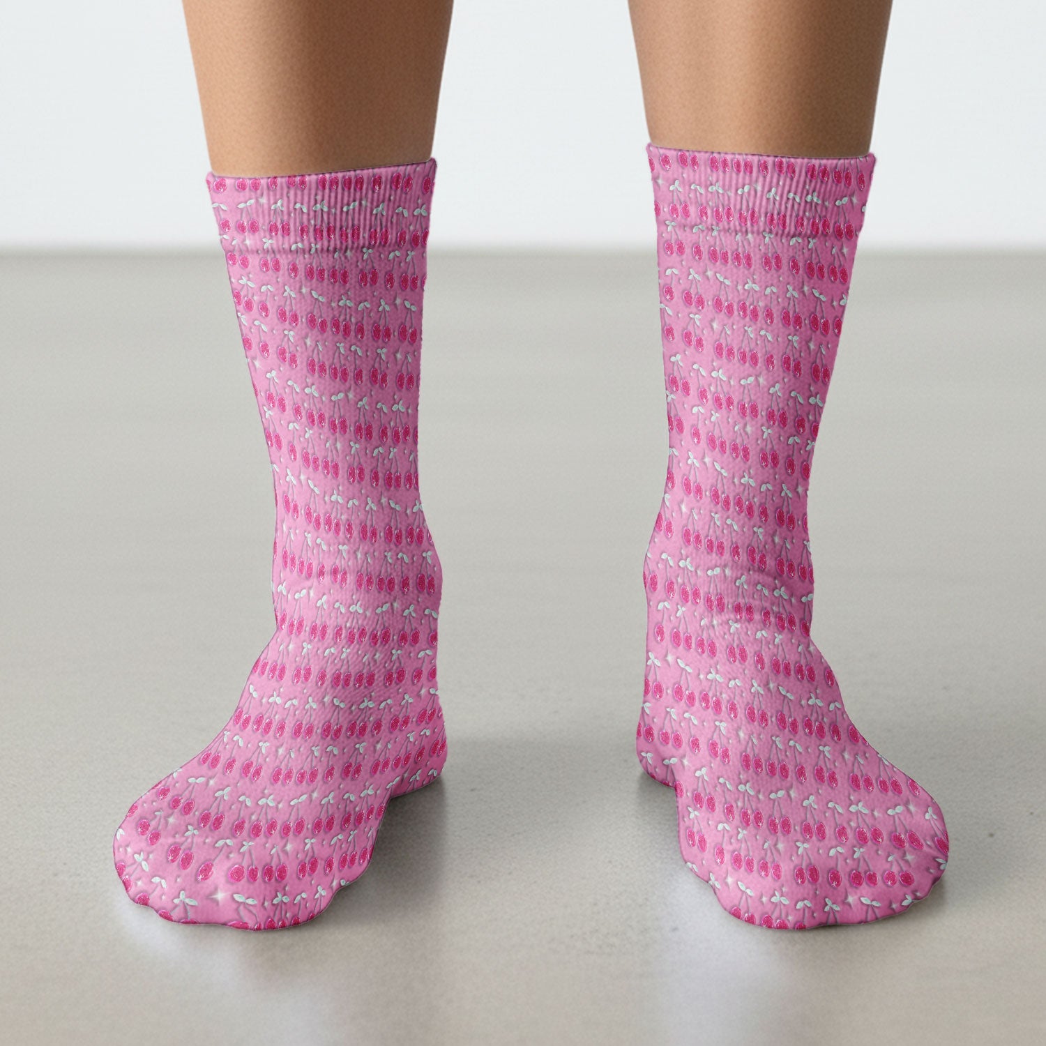 Pink Cherry Sparkle Print Socks, Adult Socks for Men and Women