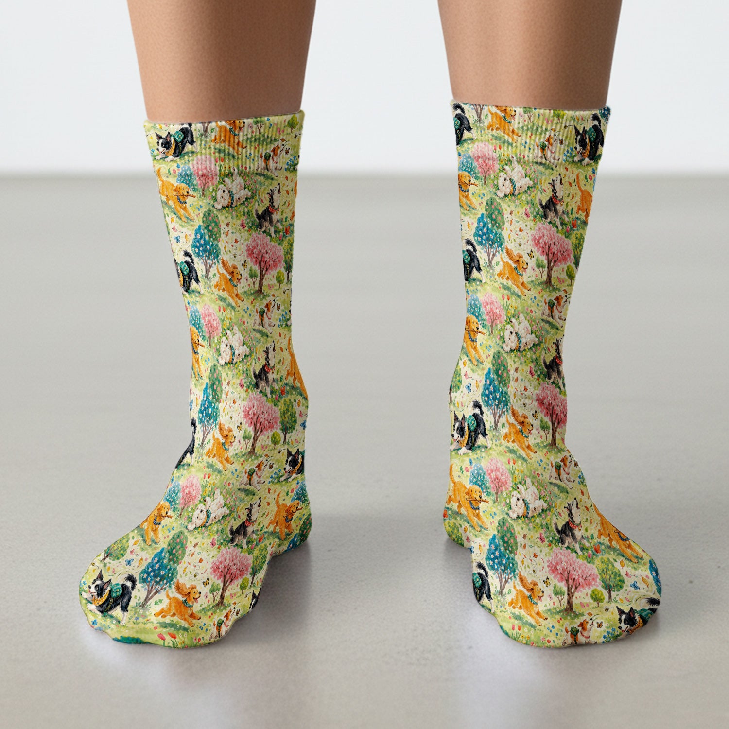 Playful Spring Garden Dogs Pattern Socks, Adult Socks for Men and Women