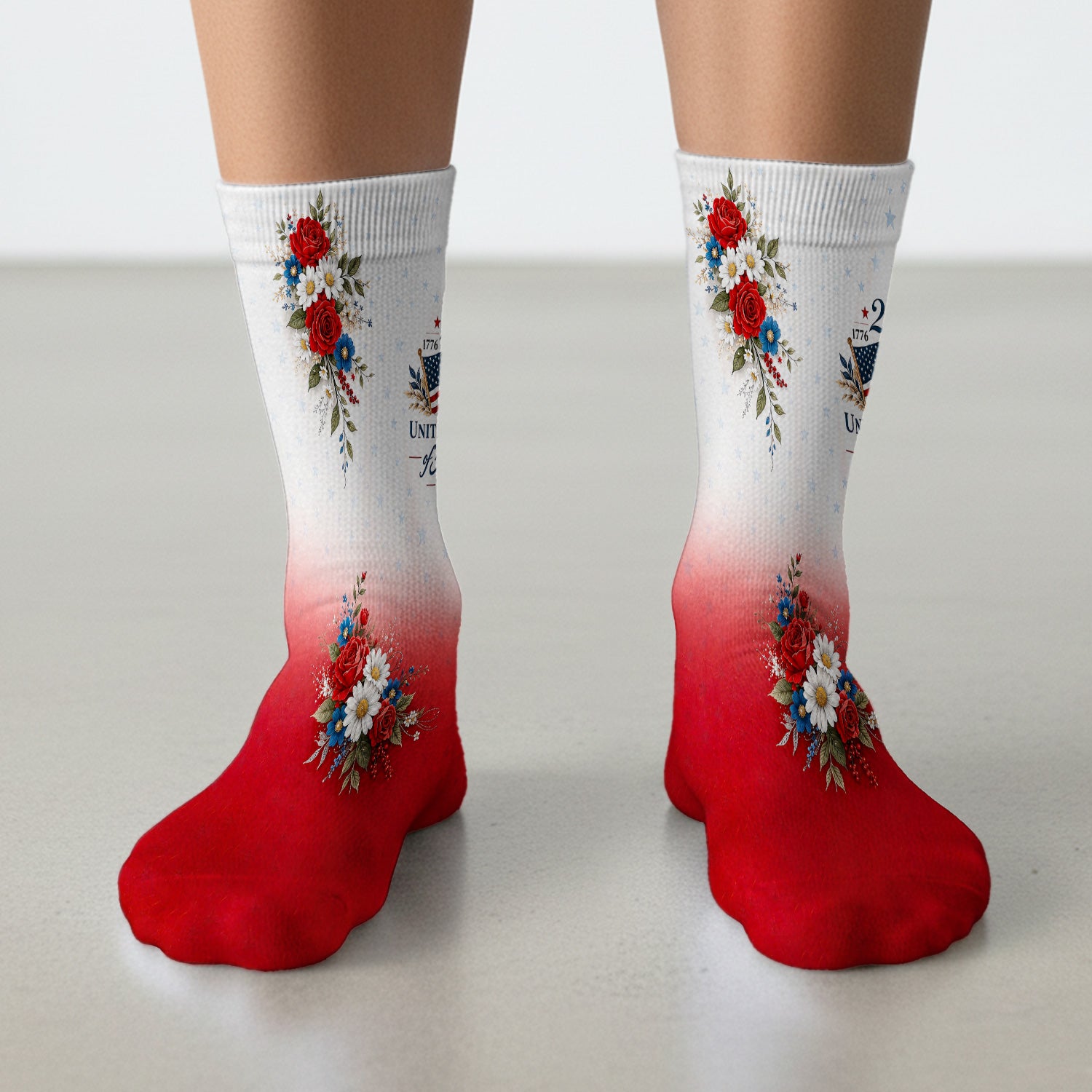 Patriotic 250th Flag Floral Pattern Socks, Adult Socks for Men and Women