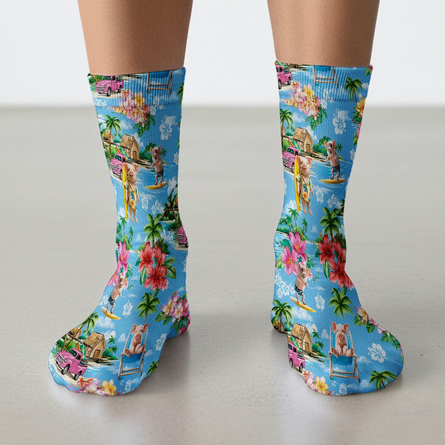 Tropical Surfing Pig Beach Pattern Socks, Adult Socks for Men and Women