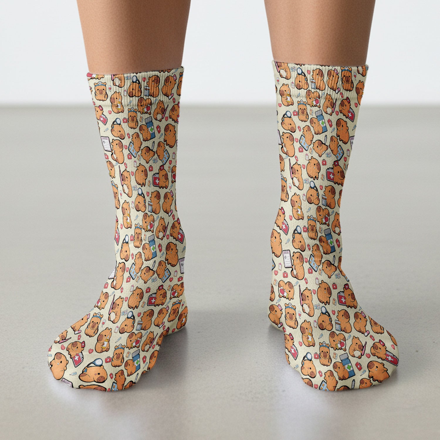 Capybara With Stethoscope And Medical Tools Seamless Socks, Breathable Fabrics Medical Uniform