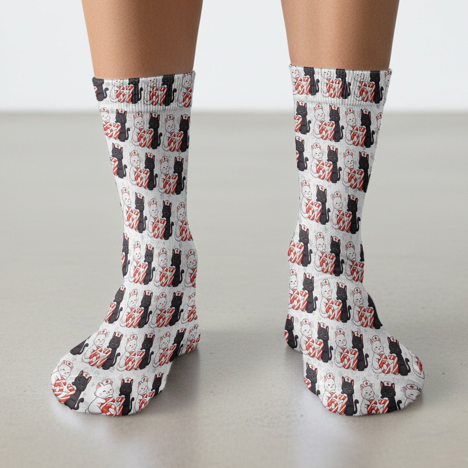 Xmas Cat Pattern Scrub Socks, Christmas Nurse Six Seven With Cat Scrub Sock, Breathable Fabrics Nursing Uniform