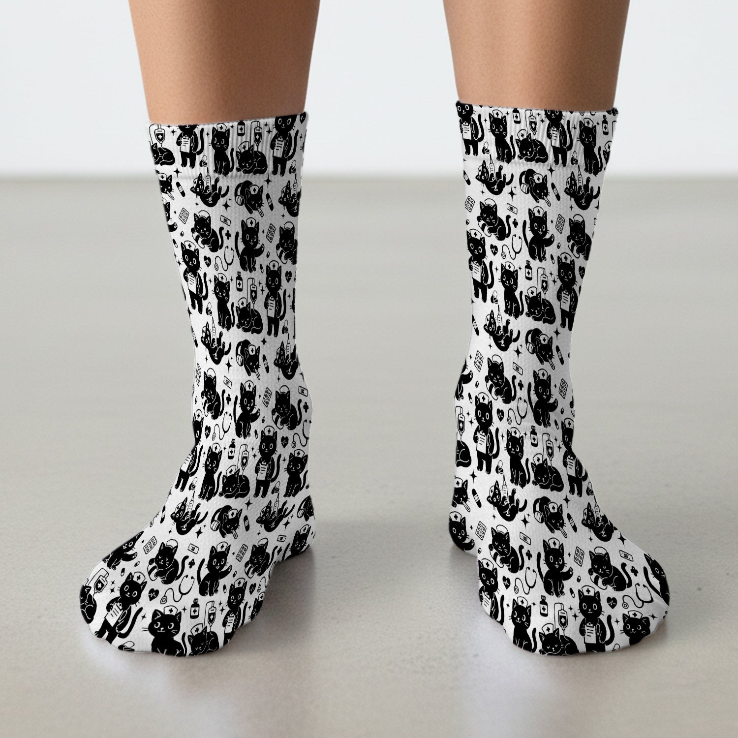 Cute Black Cat Nurse Pattern Socks, Adult Socks for Men and Women