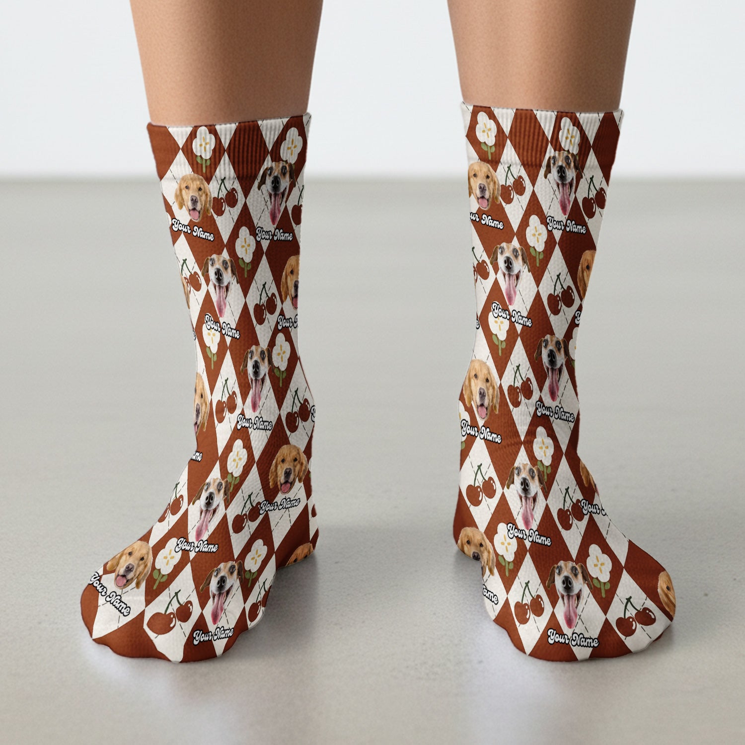 Custom Dog Face Sock, Playful Dog Cherry Argyle Pattern, Breathable Fabrics Medical Uniform