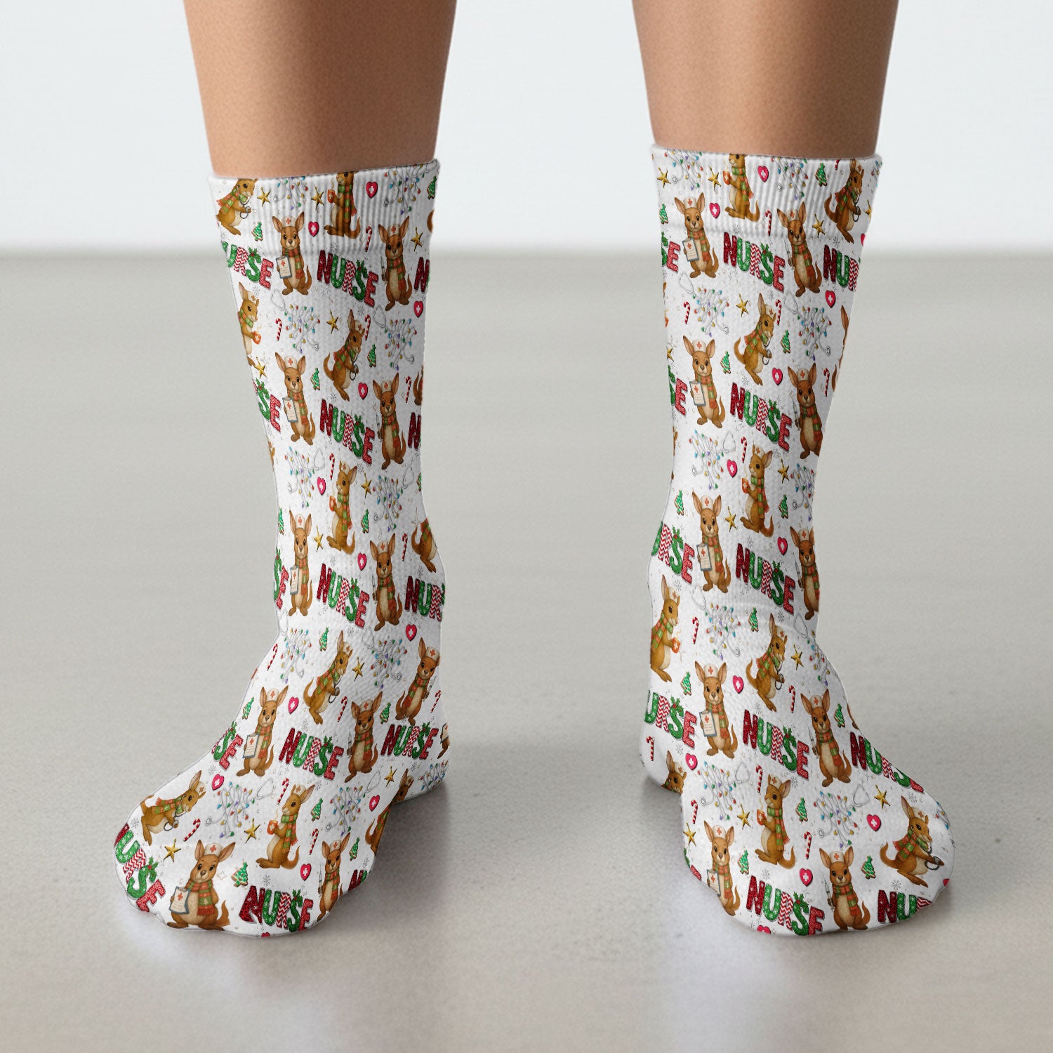 Aussie Kangaroo Christmas Socks for Nurse Doctor - Funny Holiday Adult Socks for Men and Women - Breathable Fabrics Medical Uniform