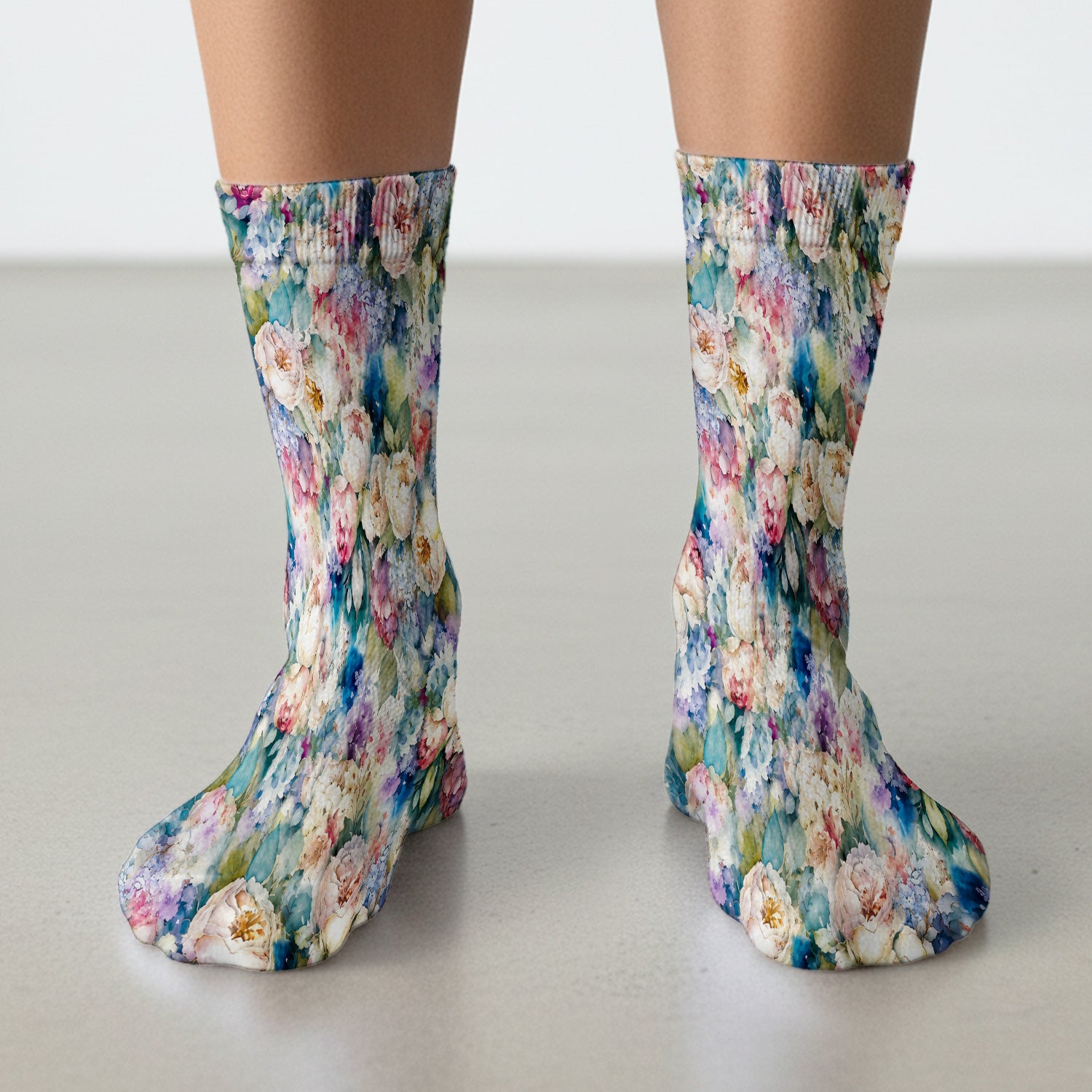 Watercolor Peony Hydrangea Floral Print Socks, Adult Socks for Men and Women