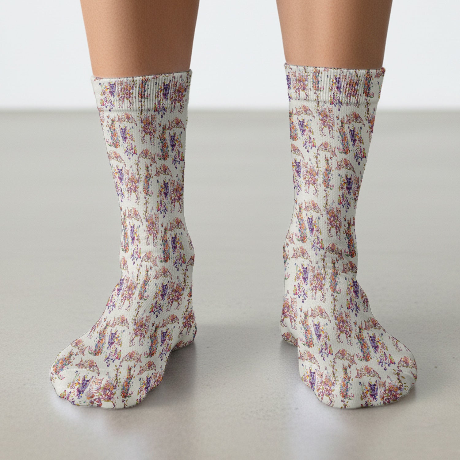 Whimsical Floral Cat Garden Pattern Socks, Adult Socks for Men and Women