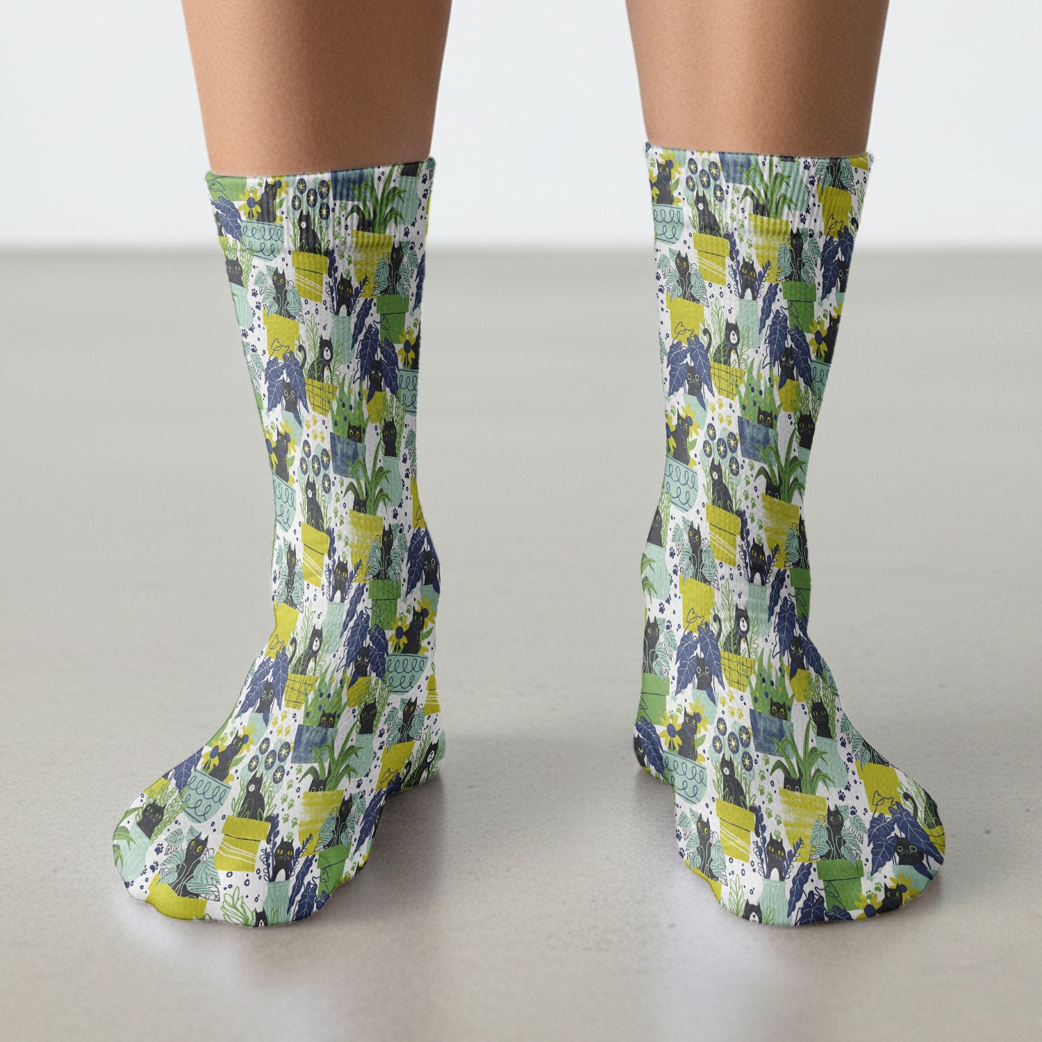 Black Cat Planter Garden Pattern Socks, Adult Socks for Men and Women
