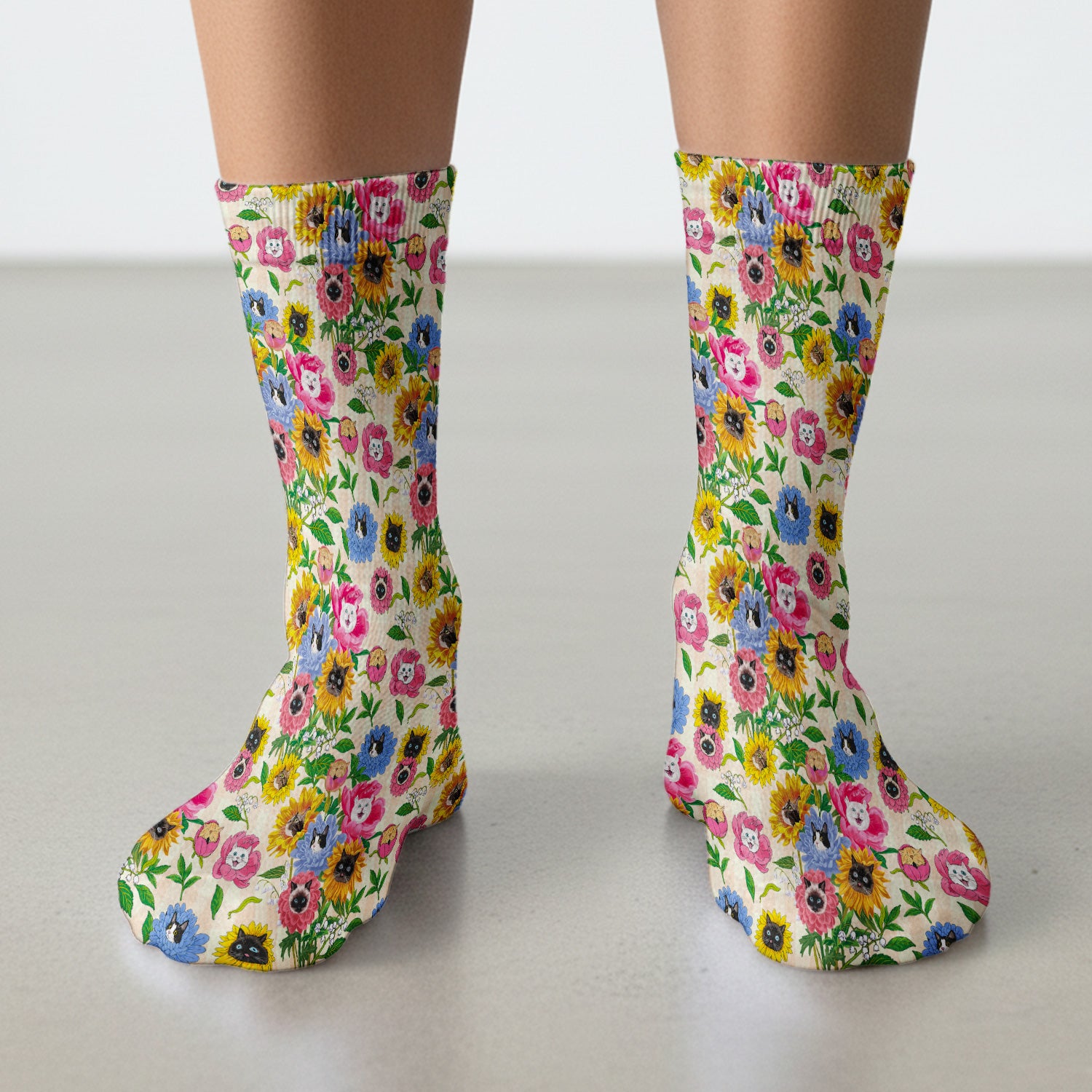 Cat Face Hidden In Colorful Flower Garden Socks, Adult Socks for Men and Women