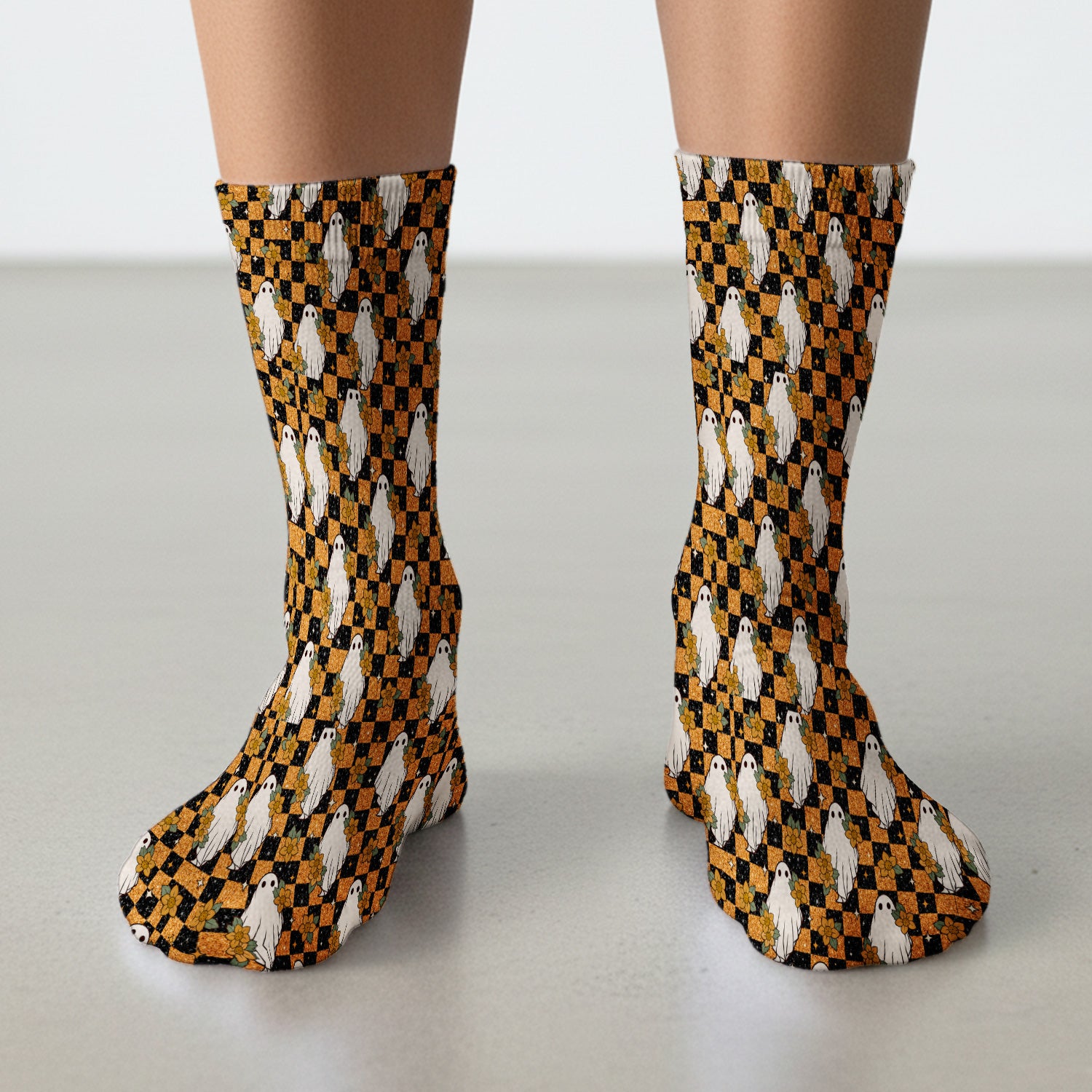 Spooky Halloween Ghost Checkerboard Socks, Adult Socks for Men and Women