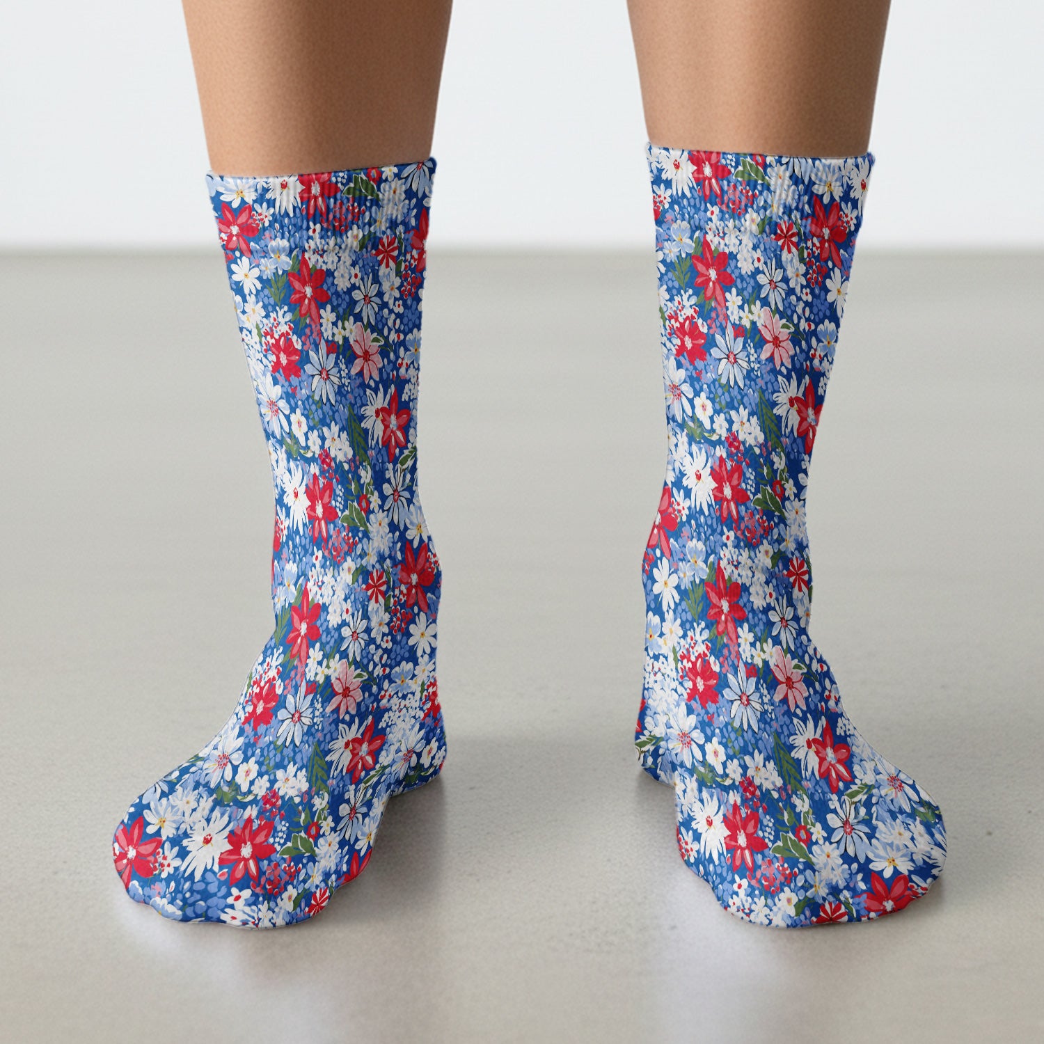 Patriotic Red White Blue Floral Garden Print Socks, Adult Socks for Men and Women