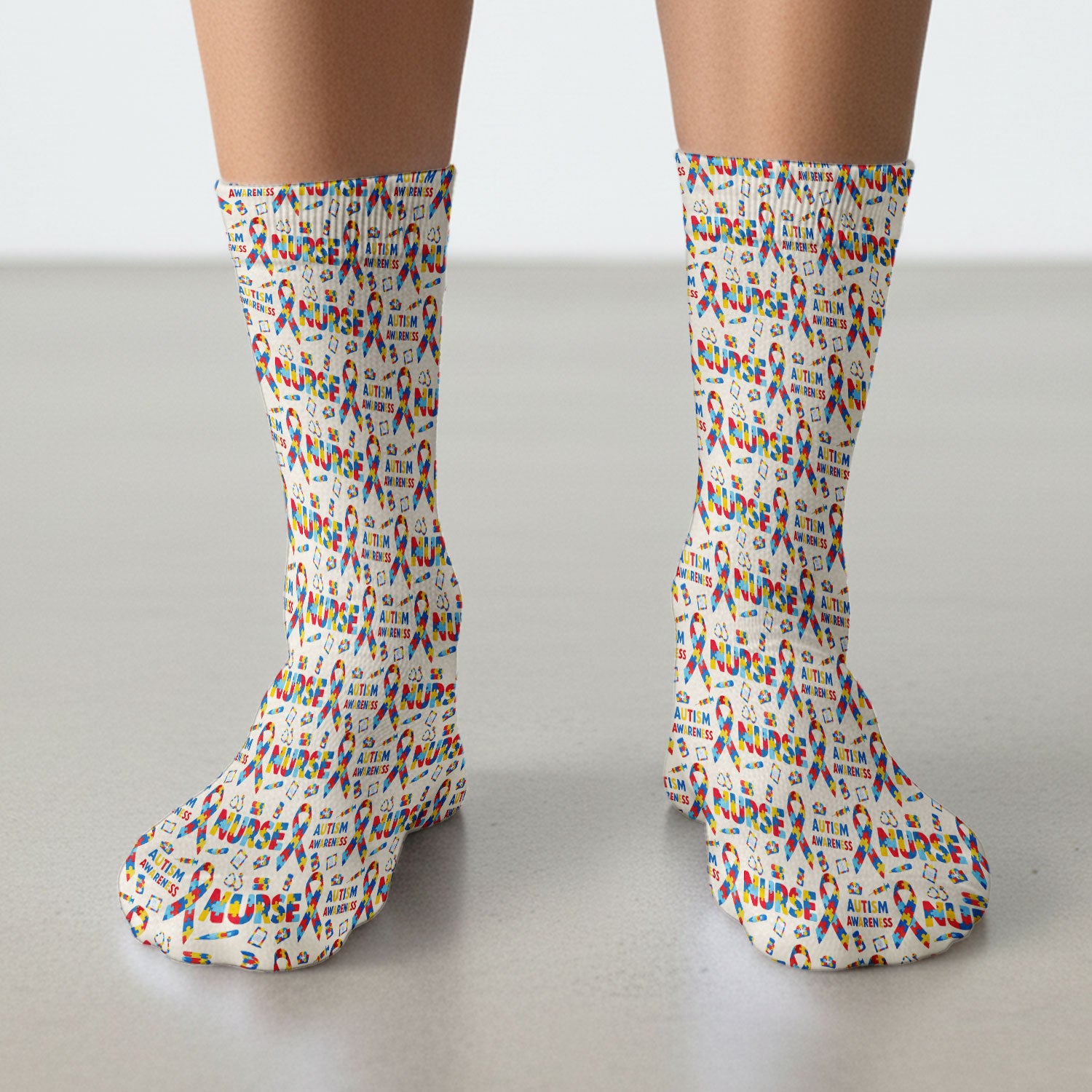 Autism Awareness Nurse Puzzle Ribbon Print Socks, Breathable Fabrics Medical Uniform