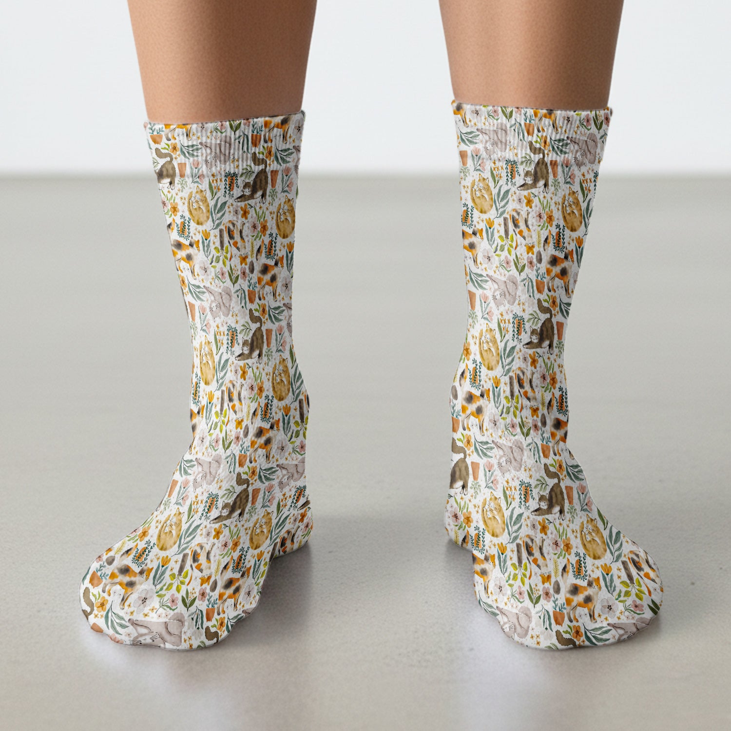 Cat Wildflower Garden Floral Pattern Socks, Adult Socks for Men and Women