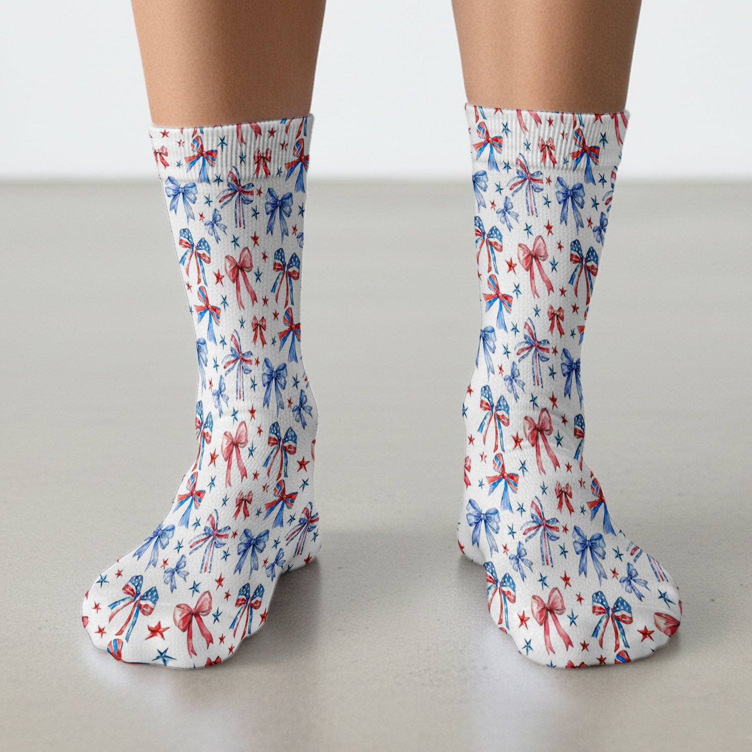 Festive Patriotic Ribbon Bow Star Pattern Socks, Adult Socks for Men and Women