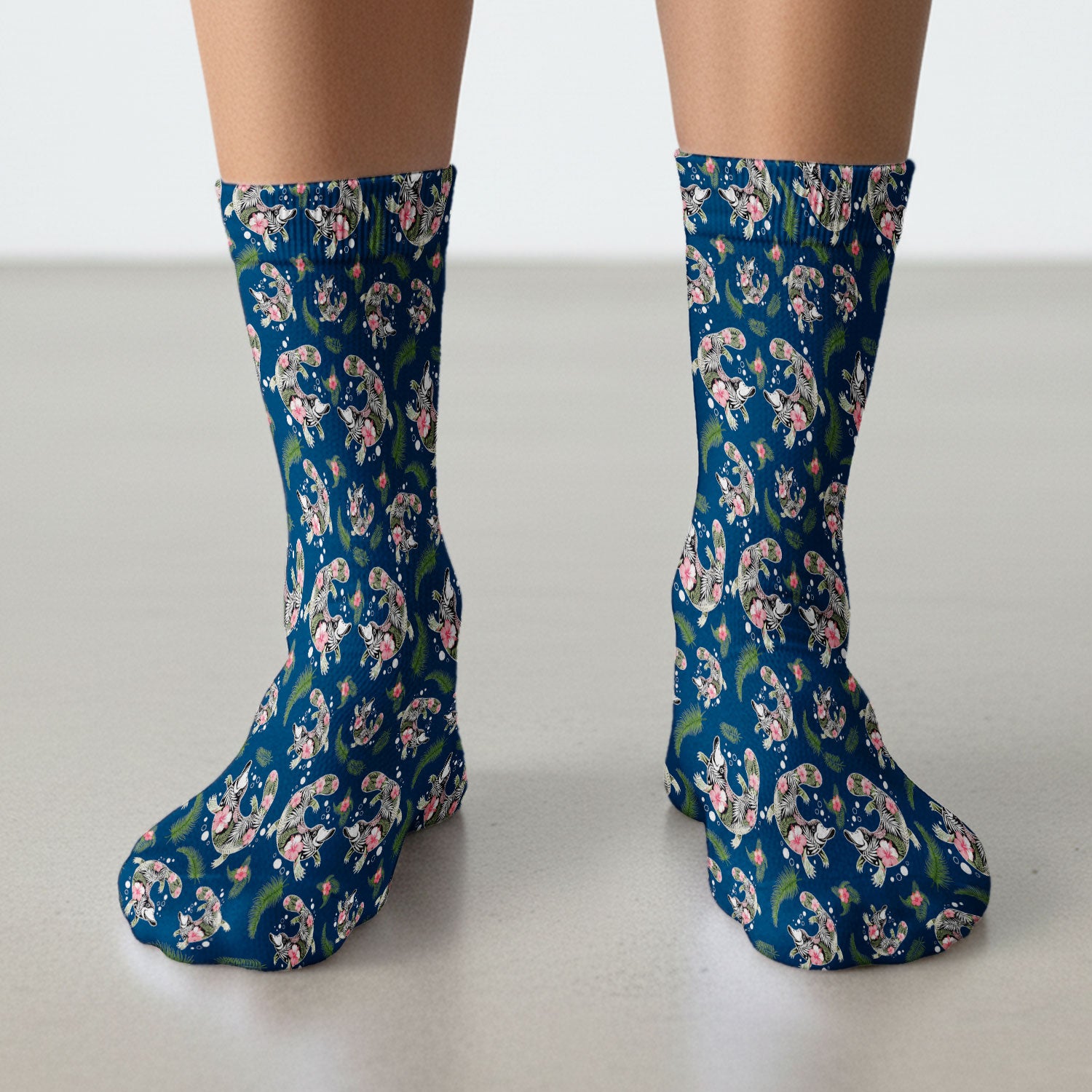 Cute Platypus Scrub Socks, Tropical Floral Animal Pattern Nurse Sock, Breathable Fabrics Nursing Uniform