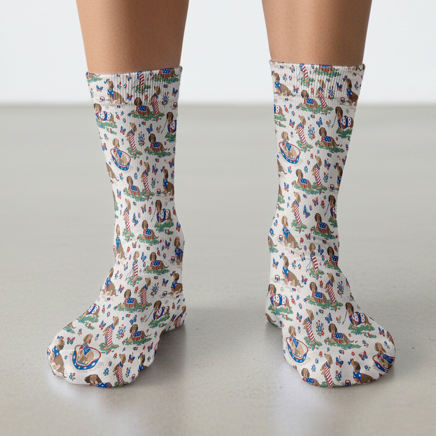 Patriotic Dachshund Garden Party Pattern Socks, Adult Socks for Men and Women