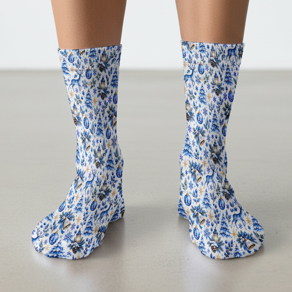 Blue Christmas Reindeer And Winter Trees Socks, Adult Socks for Men and Women