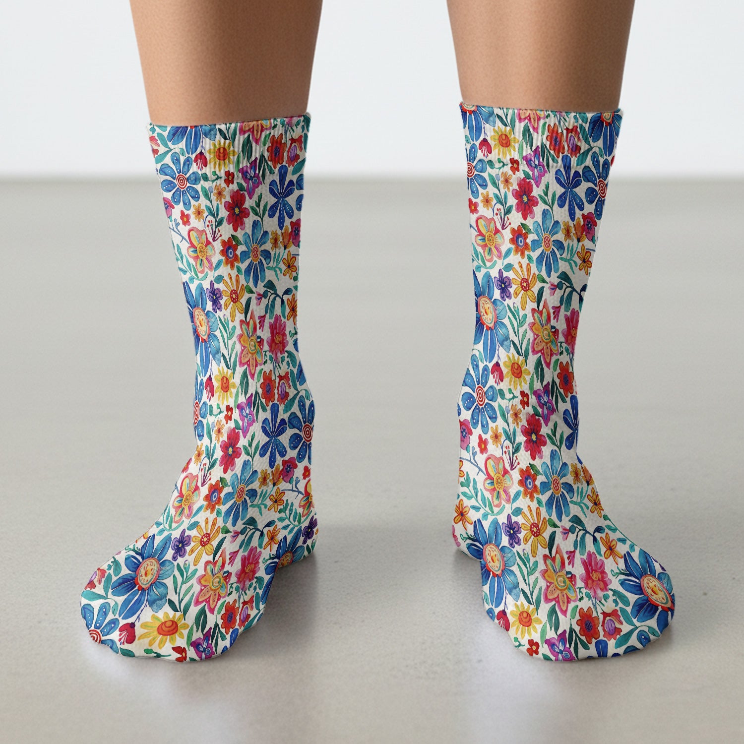 Colorful Folk Floral Print Socks, Adult Socks for Men and Women