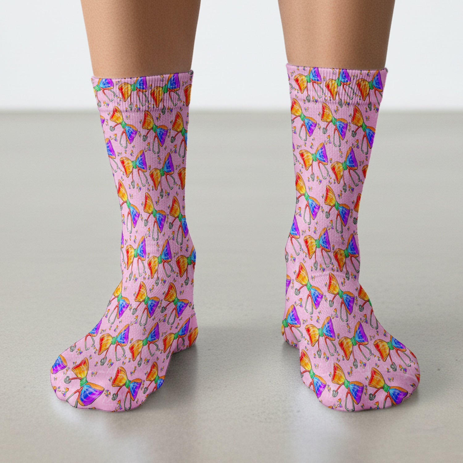 Colorful Rainbow Bow Stethoscope Pattern Socks, Breathable Fabrics Medical Uniform