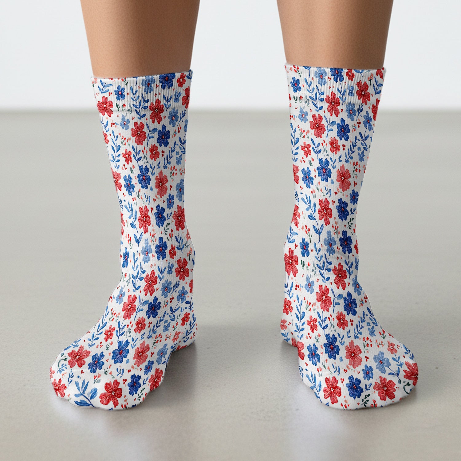 Patriotic Red White Blue Floral Print Socks, Adult Socks for Men and Women