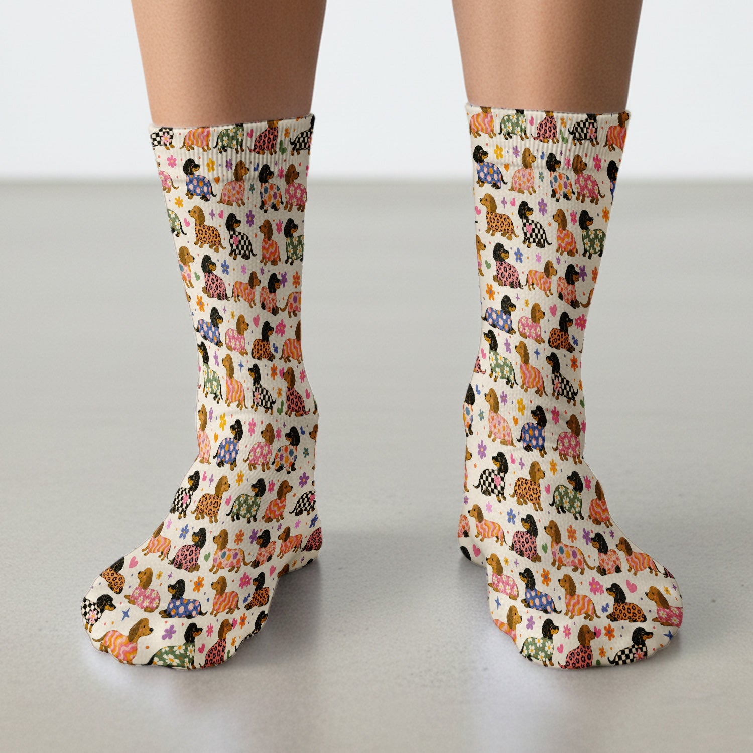 Floral Dachshund Print Socks, Adult Socks for Men and Women