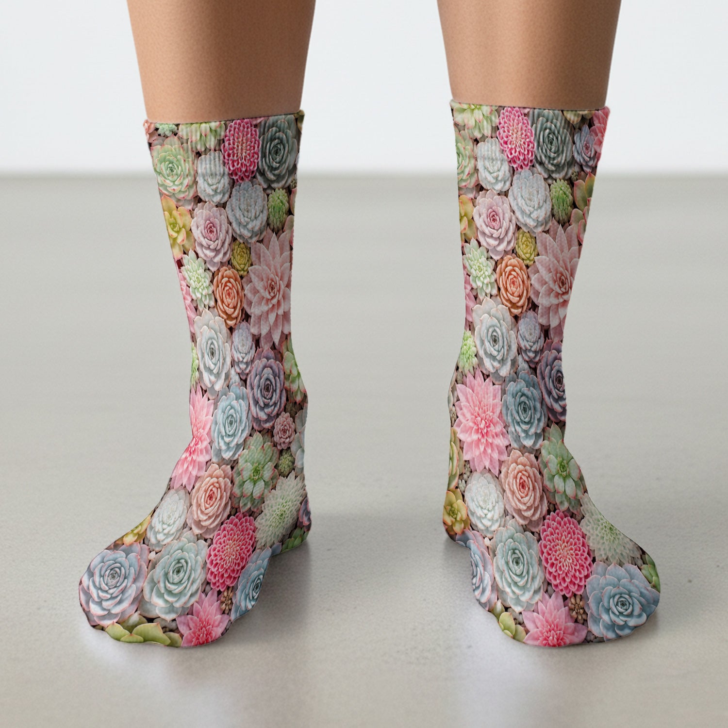Cute Pastel Succulent Blossom Pattern Socks, Adult Socks for Men and Women