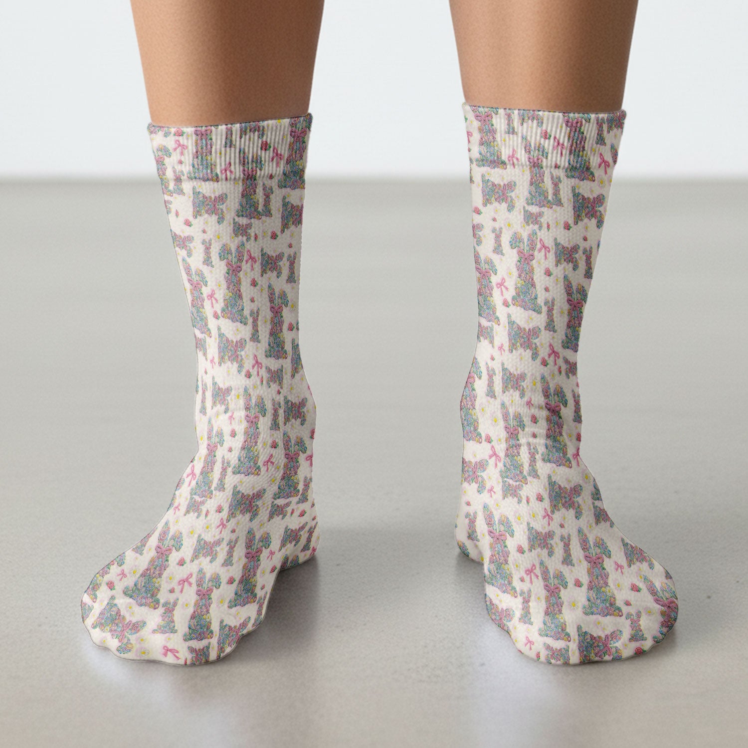 Colorful Floral Bunny with Pink Bow Pattern Socks, Breathable Fabrics Medical Uniform
