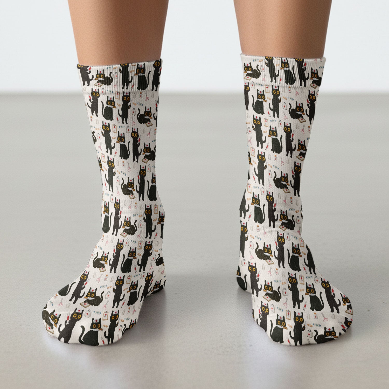 Cute Black Cat Nurse Pattern Medical Socks, Breathable Fabrics Medical Uniform
