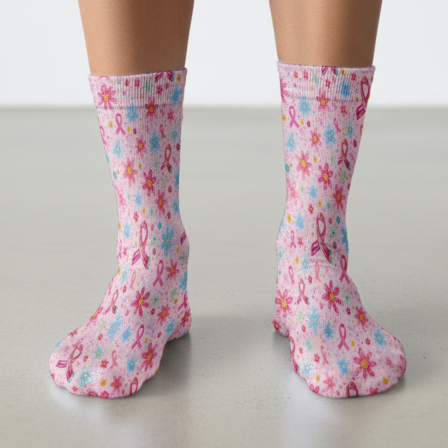 Floral Breast Cancer Awareness Print Socks, Adult Socks for Men and Women