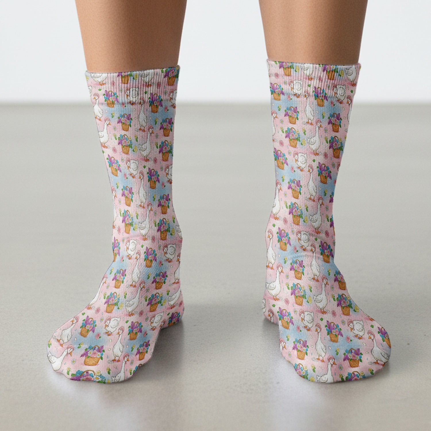Cute Spring Goose Flower Basket Pattern Socks, Adult Socks for Men and Women