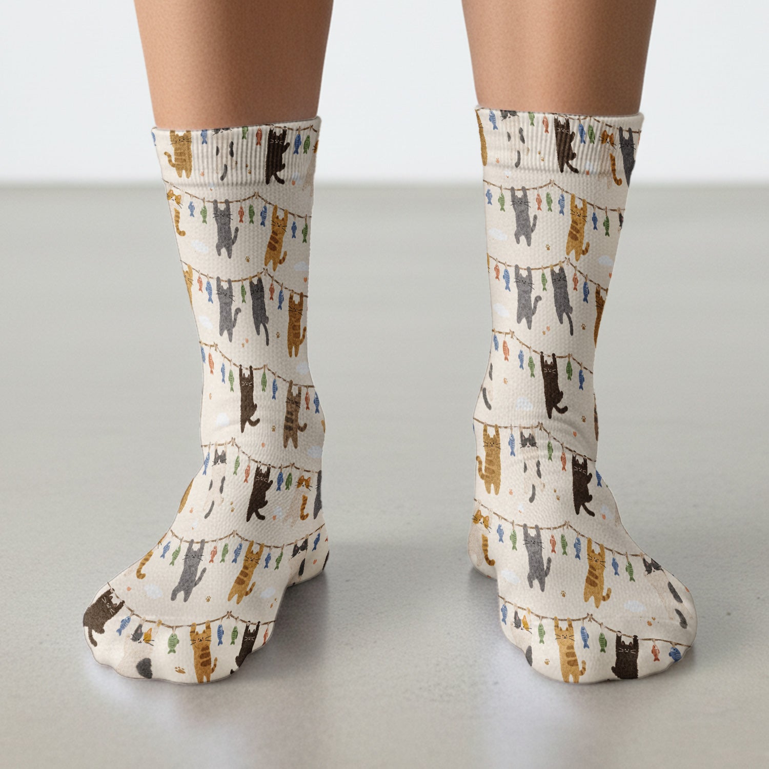 Cute Hanging Cat Fishline Pattern Socks, Adult Socks for Men and Women