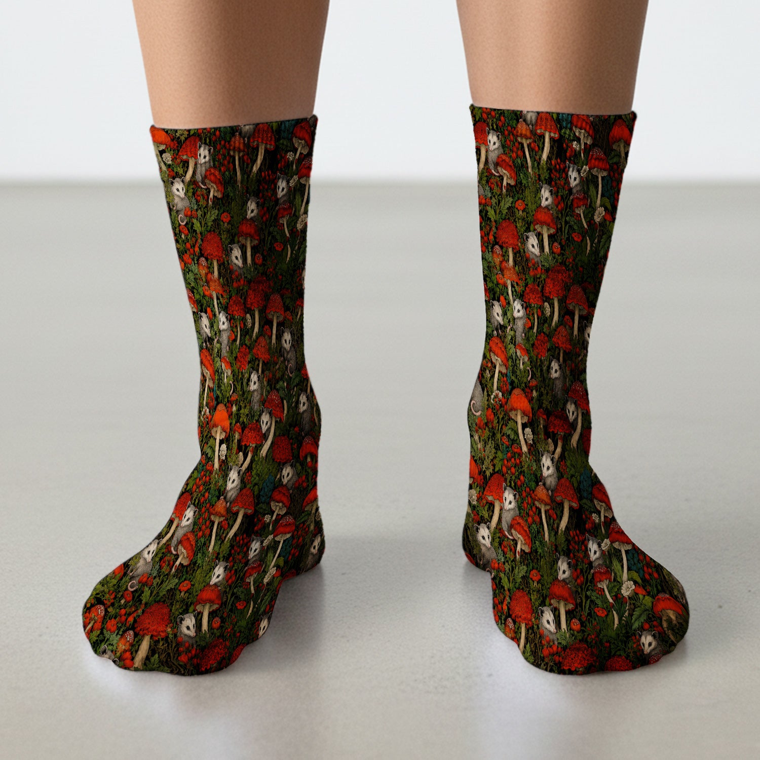 Woodland Opossum Red Mushroom Pattern Socks, Adult Socks for Men and Women