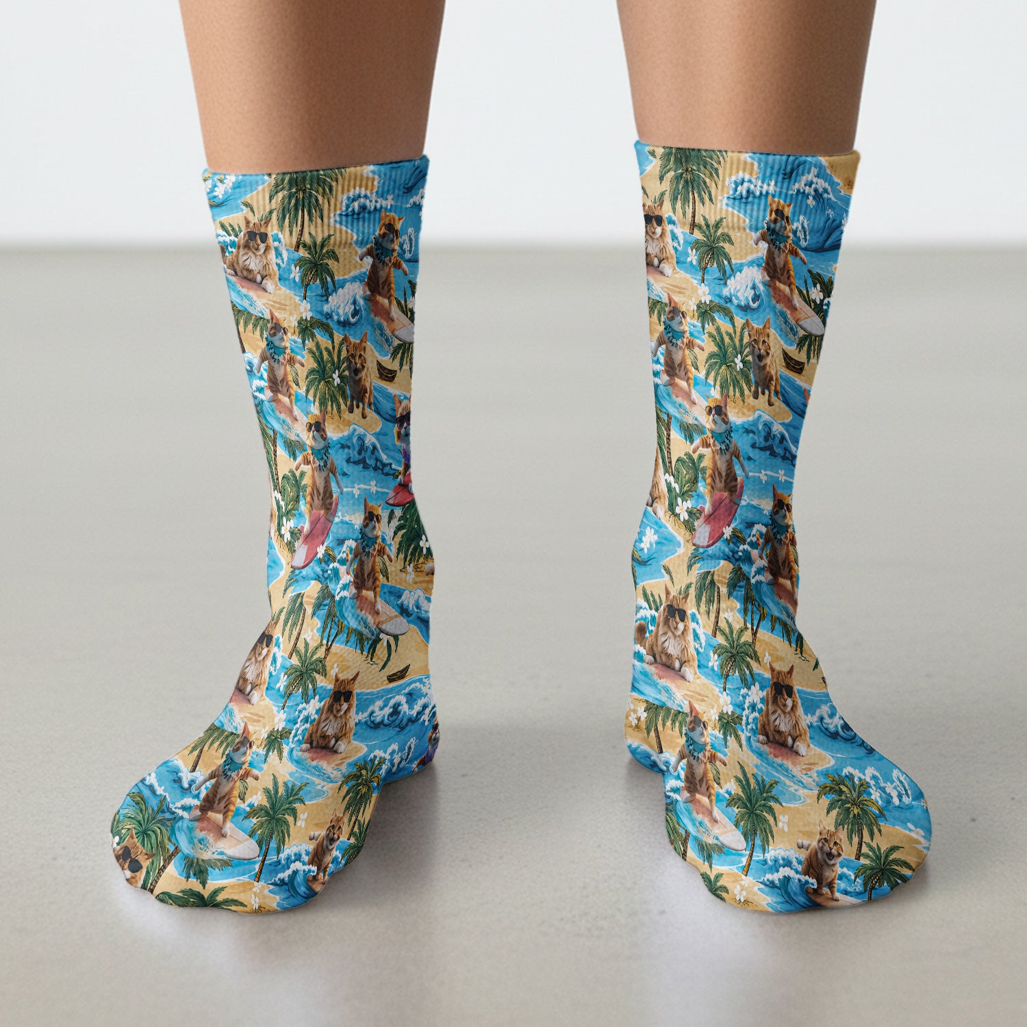 Tropical Surfing Cat with Beach Wave Island Print Socks, Adult Socks for Men and Women