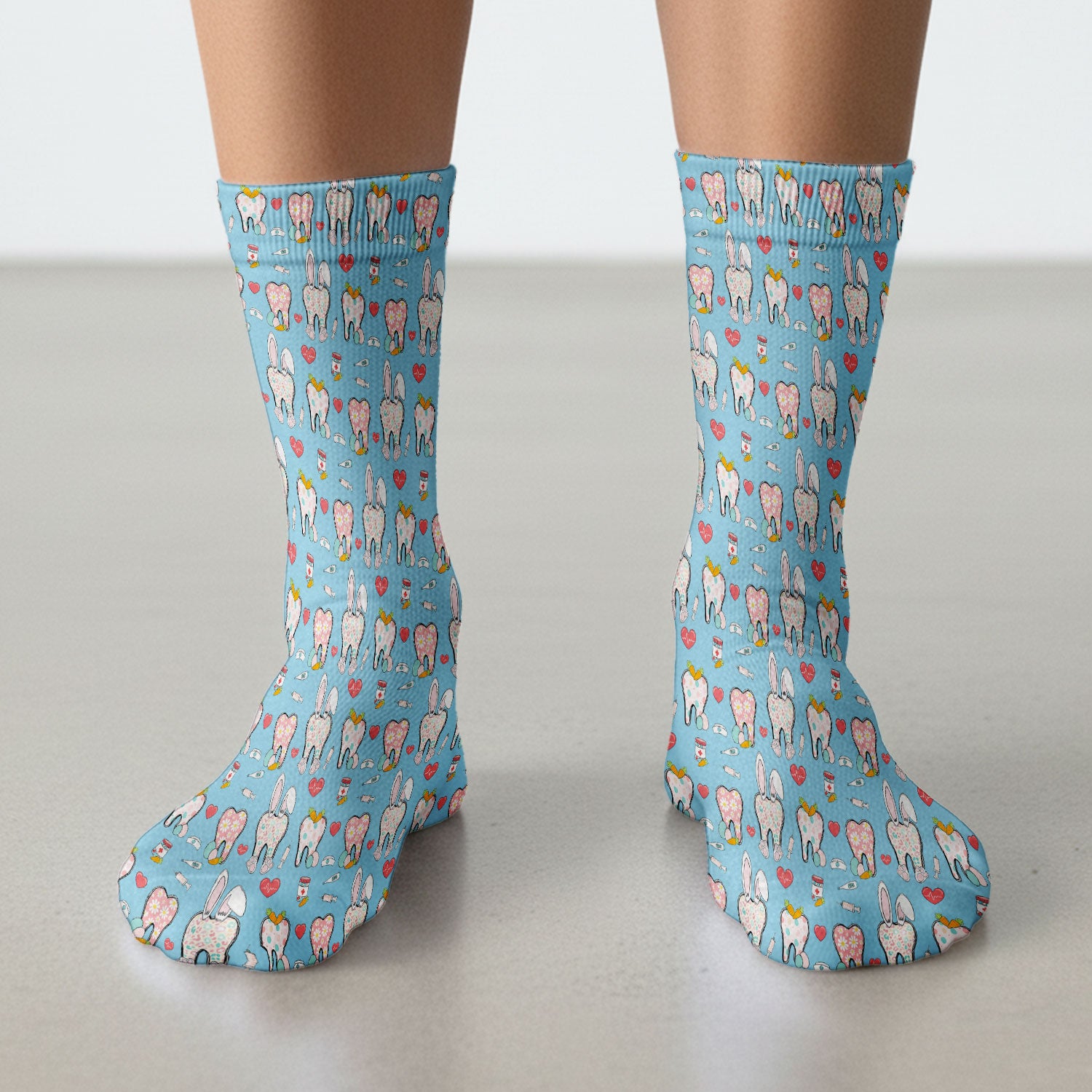 Playful Bunny Dentist Illustration Medical Socks, Adult Socks for Men and Women