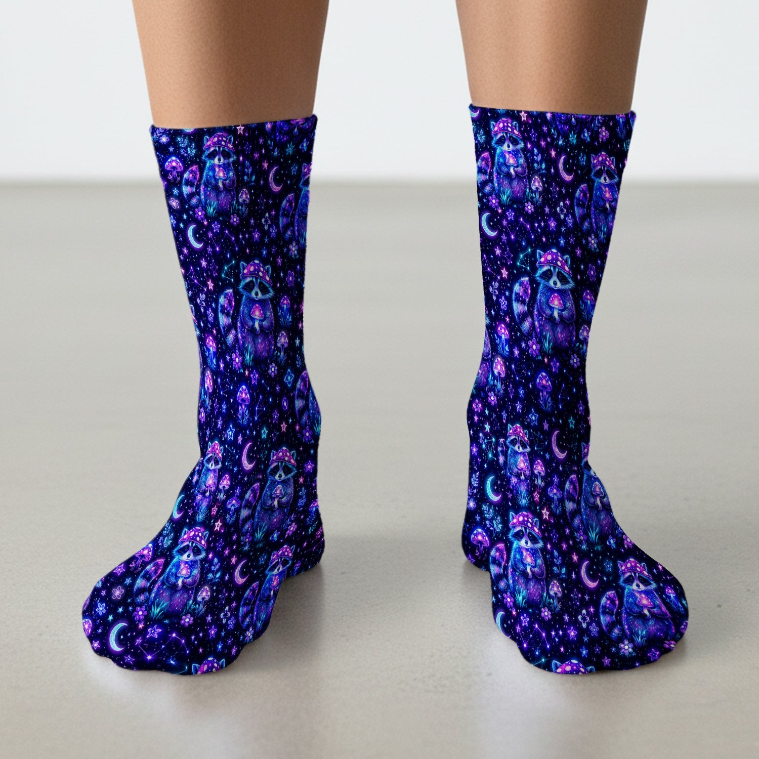 Neon Mushroom Raccoon Nurse Pattern Socks, Adult Socks for Men and Women