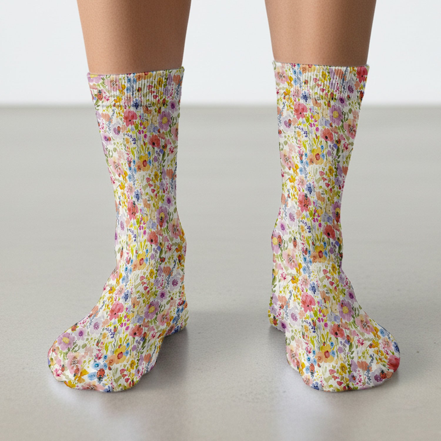 Cute Wildflower Ladybug Garden Pattern Socks, Adult Socks for Men and Women