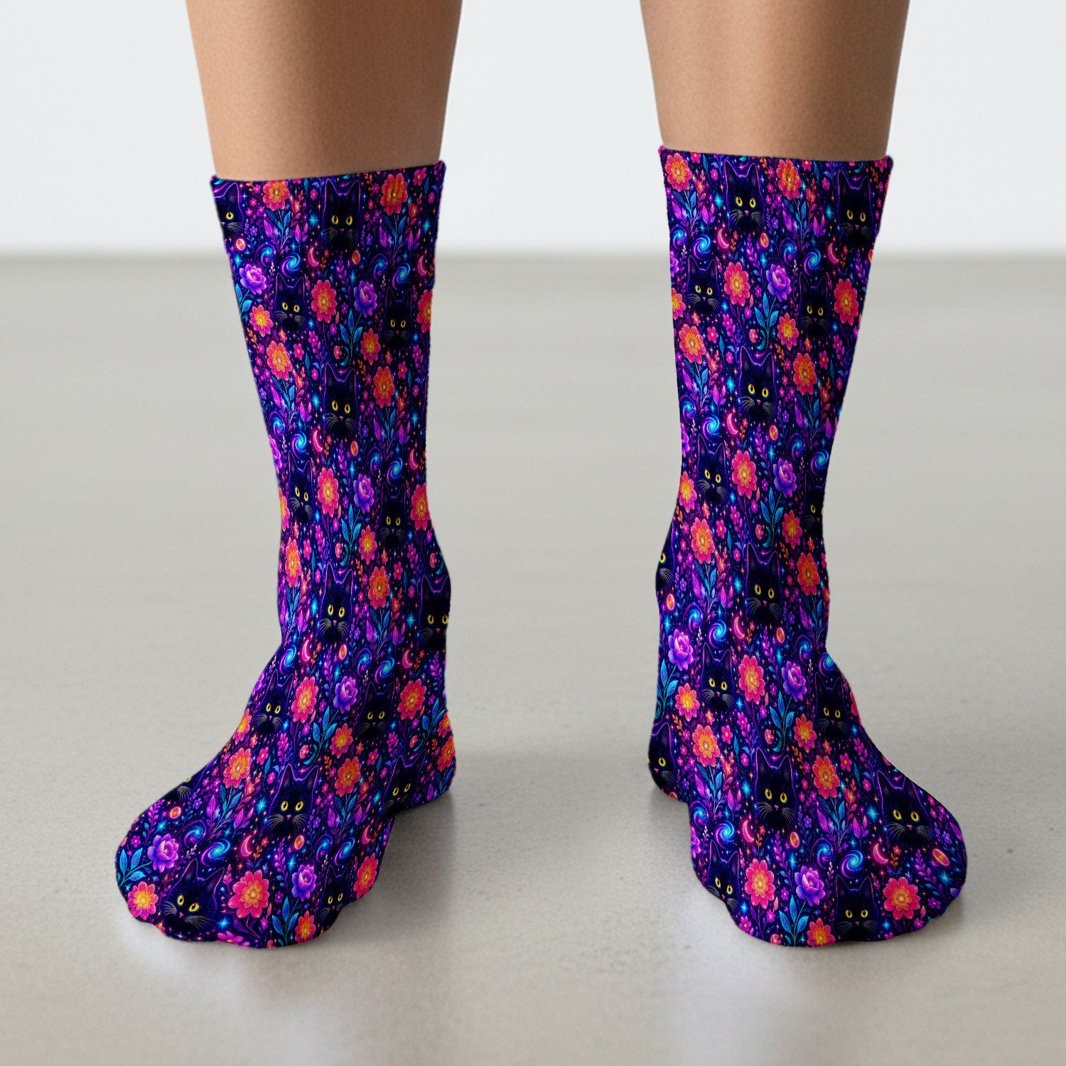 Galaxy Black Cat Floral Pattern Socks, Adult Socks for Men and Women